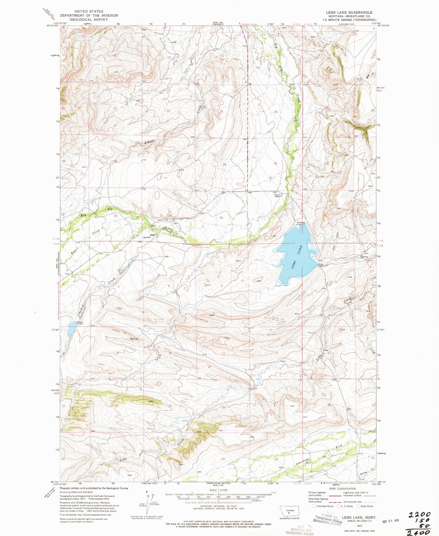 Classic USGS Lebo Lake Montana 7.5'x7.5' Topo Map Image