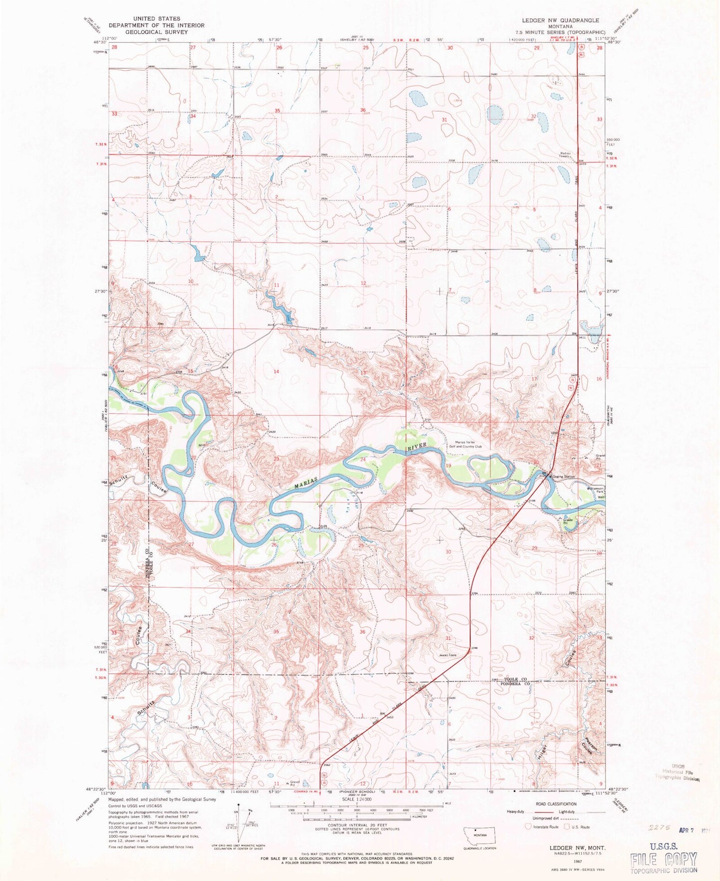 Classic USGS Ledger NW Montana 7.5'x7.5' Topo Map Image