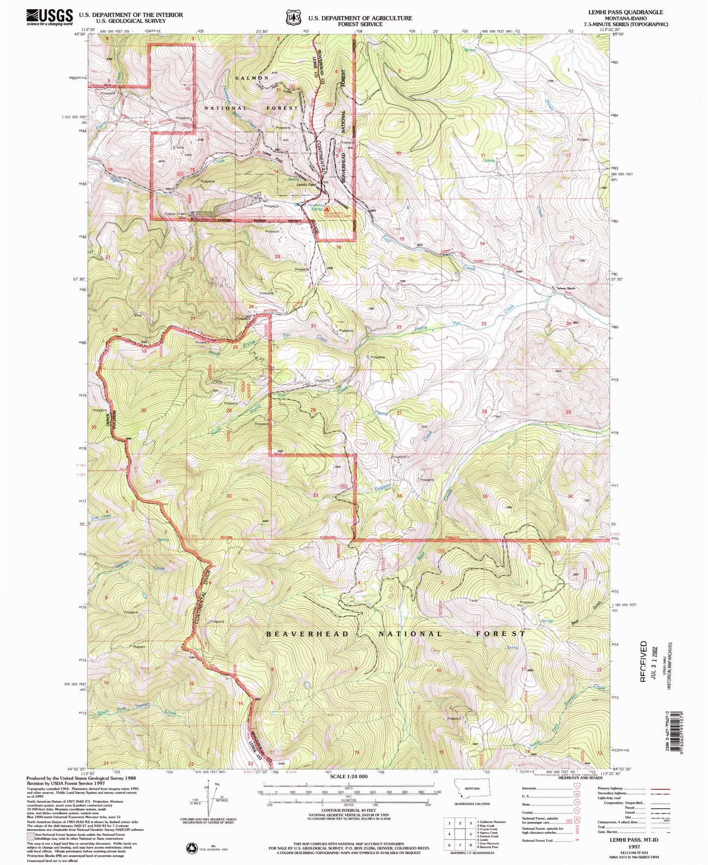 Classic USGS Lemhi Pass Montana 7.5'x7.5' Topo Map Image