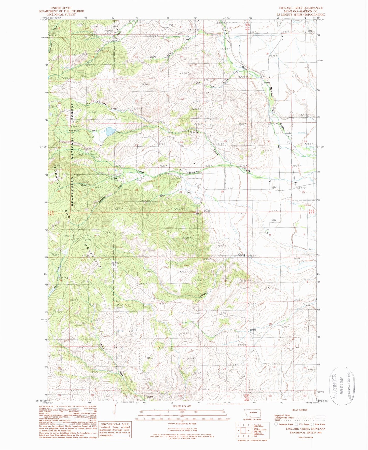 Classic USGS Leonard Creek Montana 7.5'x7.5' Topo Map Image