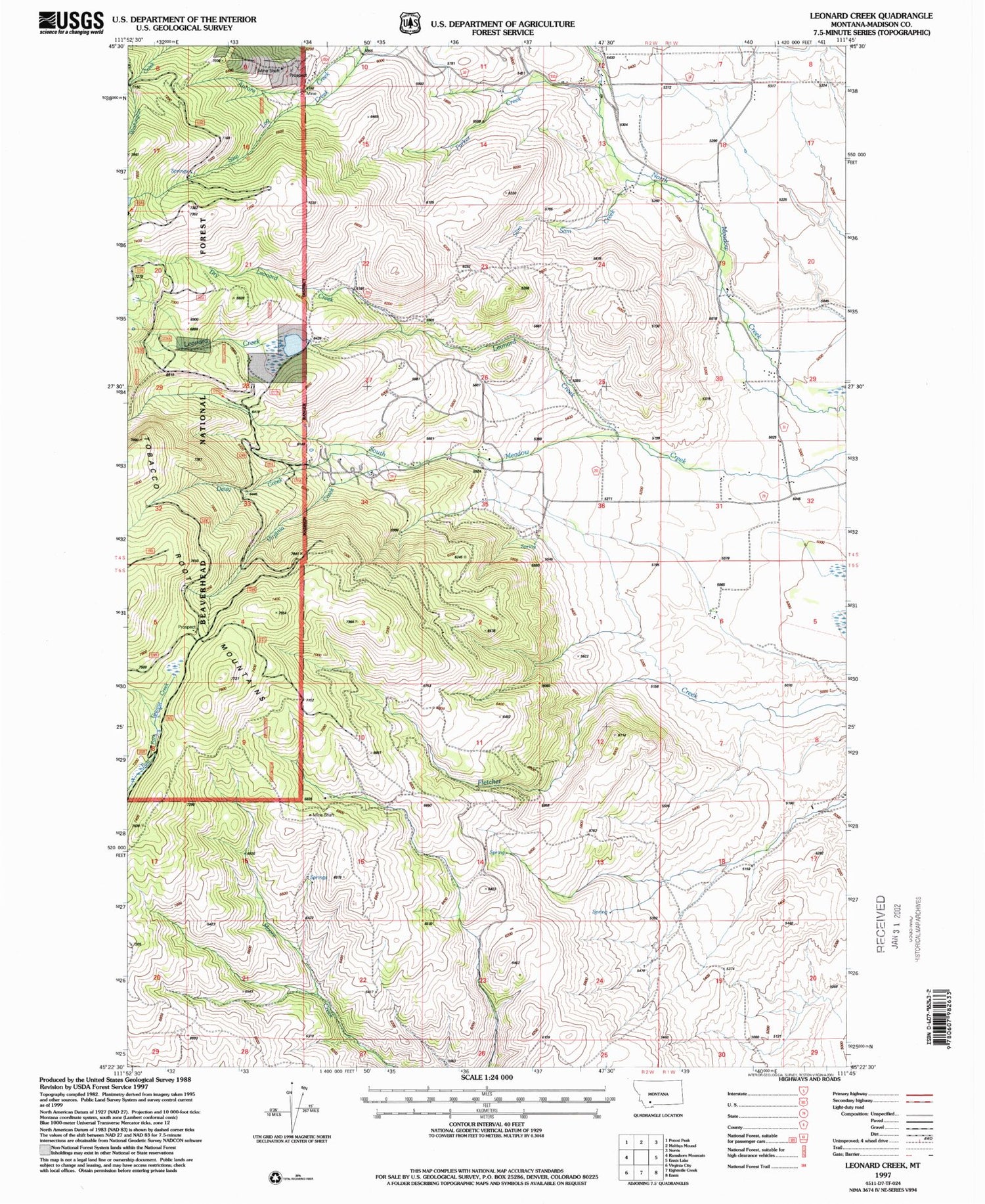 Classic USGS Leonard Creek Montana 7.5'x7.5' Topo Map Image