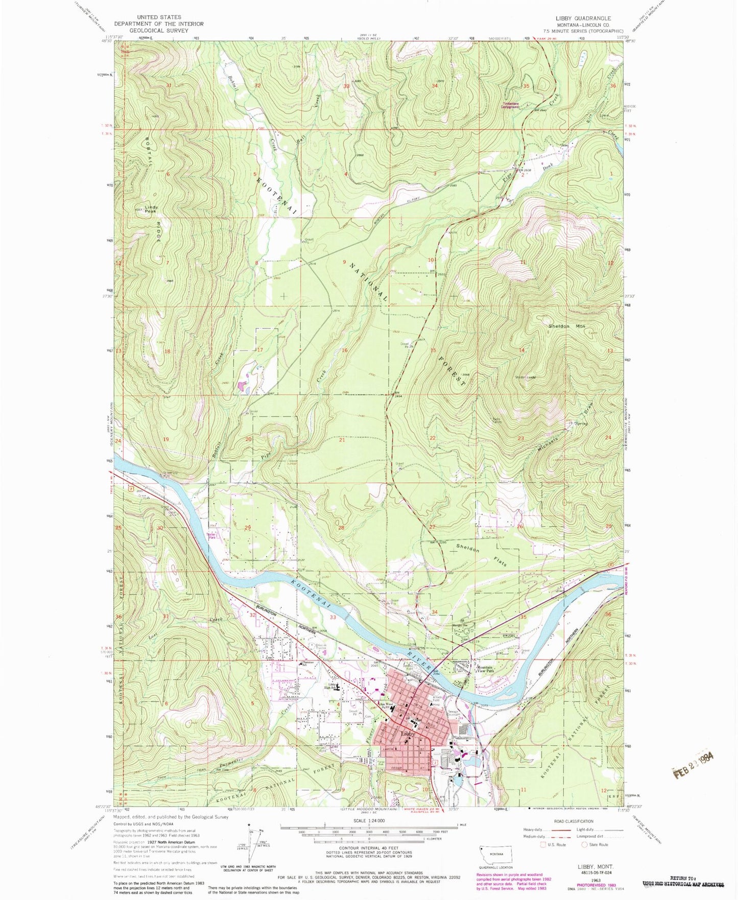 Classic USGS Libby Montana 7.5'x7.5' Topo Map Image