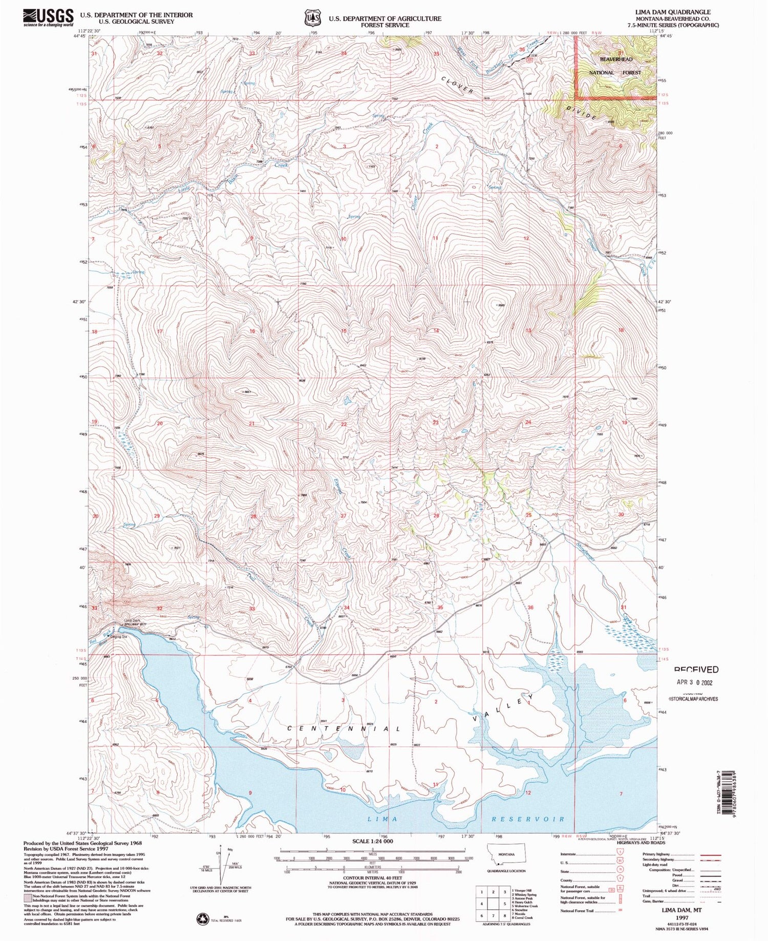 Classic USGS Lima Dam Montana 7.5'x7.5' Topo Map Image