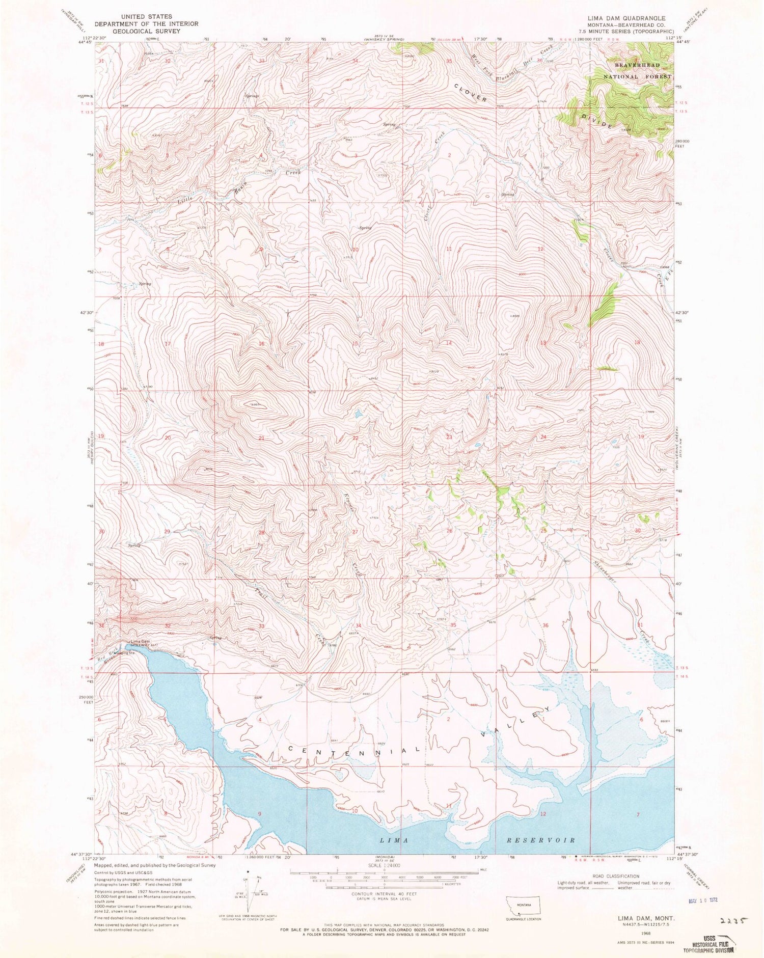 Classic USGS Lima Dam Montana 7.5'x7.5' Topo Map Image