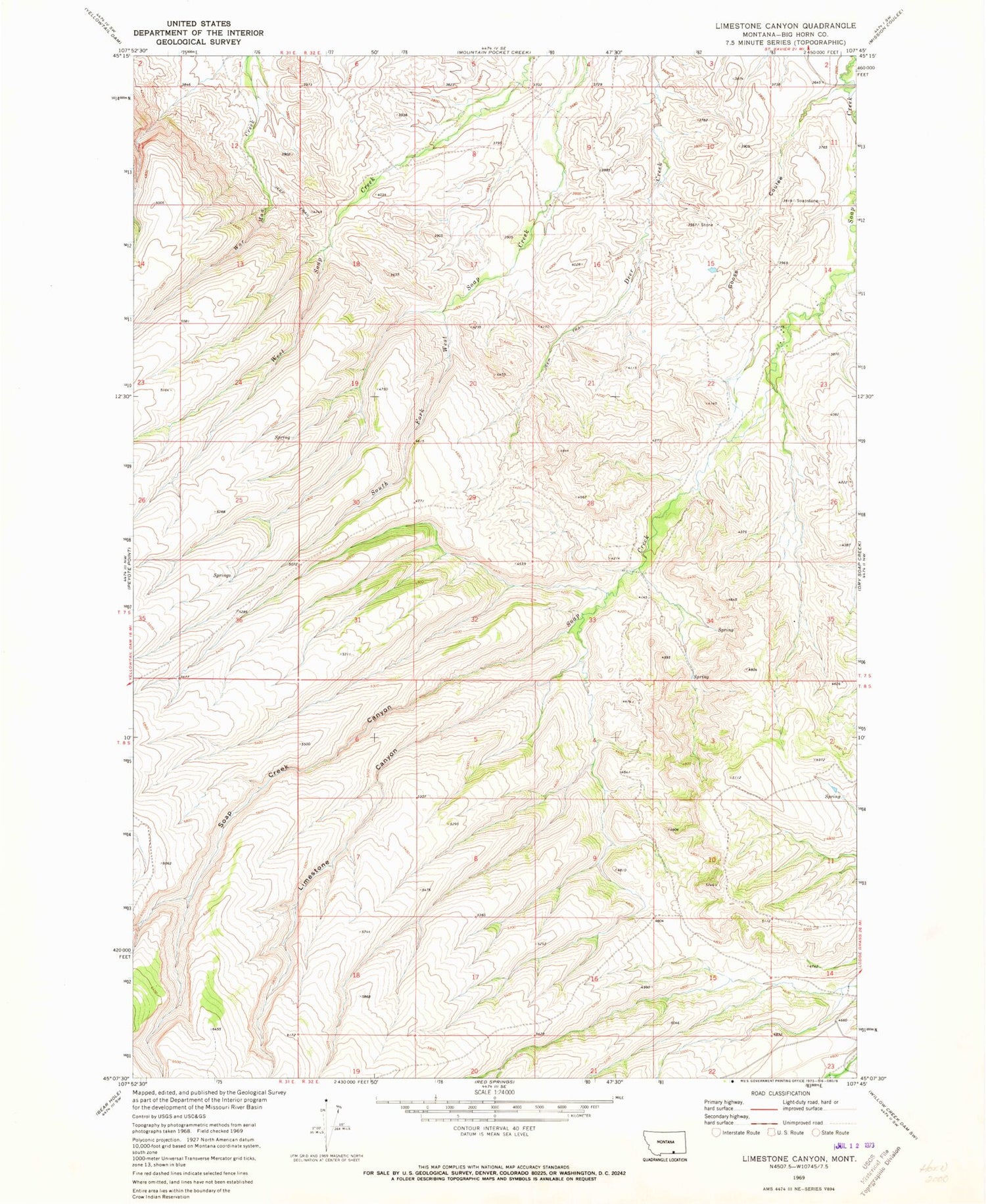 Classic USGS Limestone Canyon Montana 7.5'x7.5' Topo Map Image