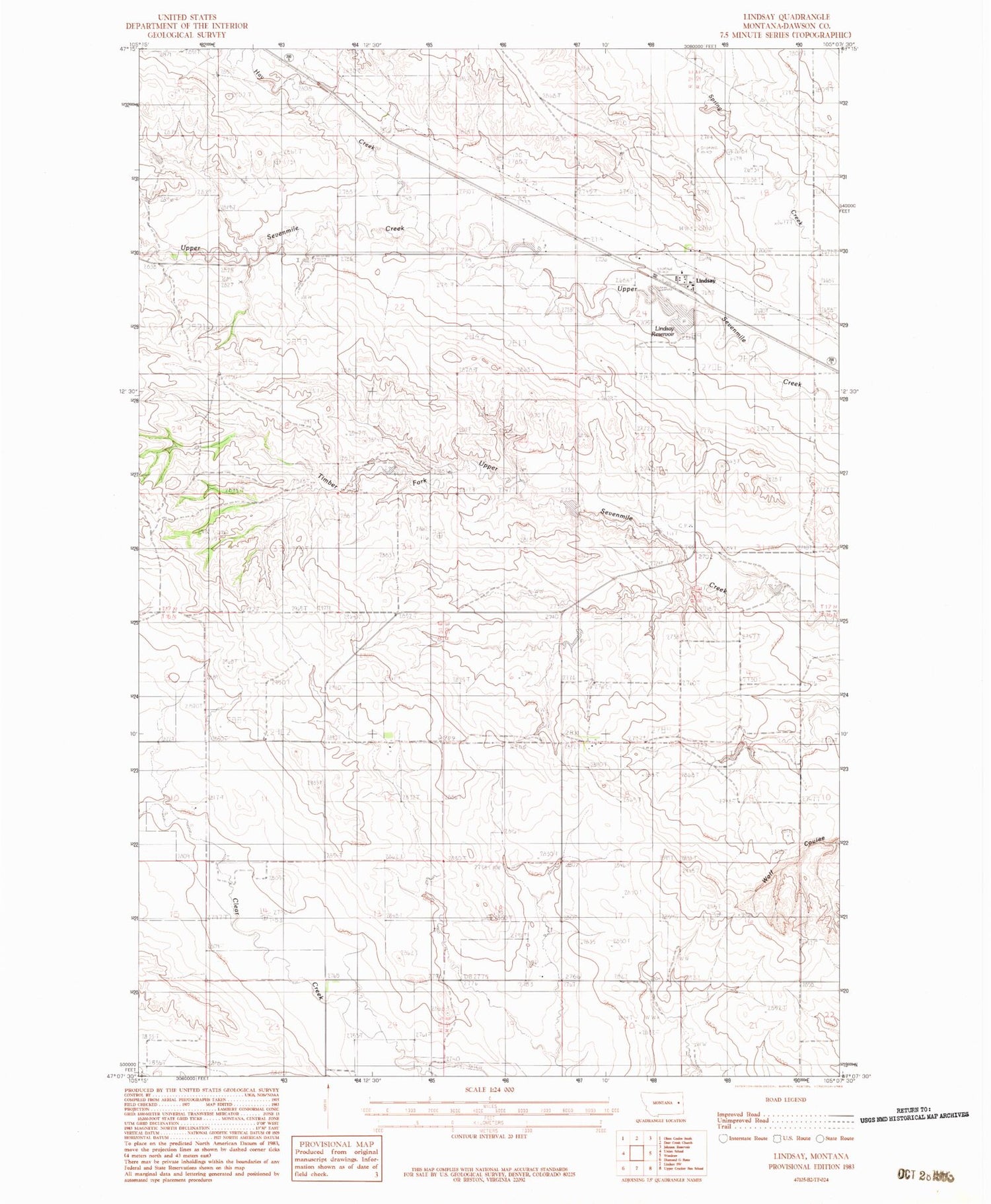 Classic USGS Lindsay Montana 7.5'x7.5' Topo Map Image