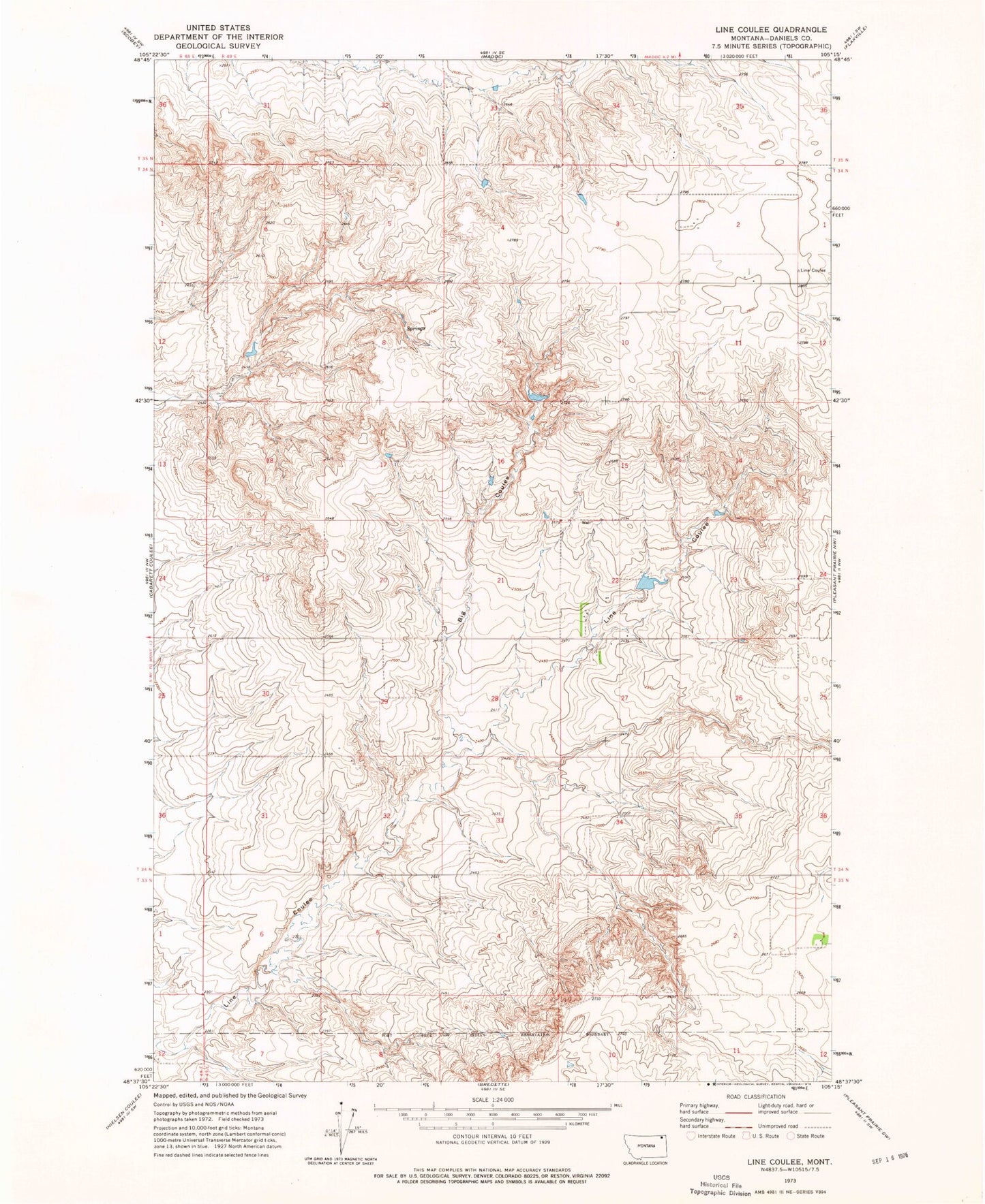 Classic USGS Line Coulee Montana 7.5'x7.5' Topo Map Image