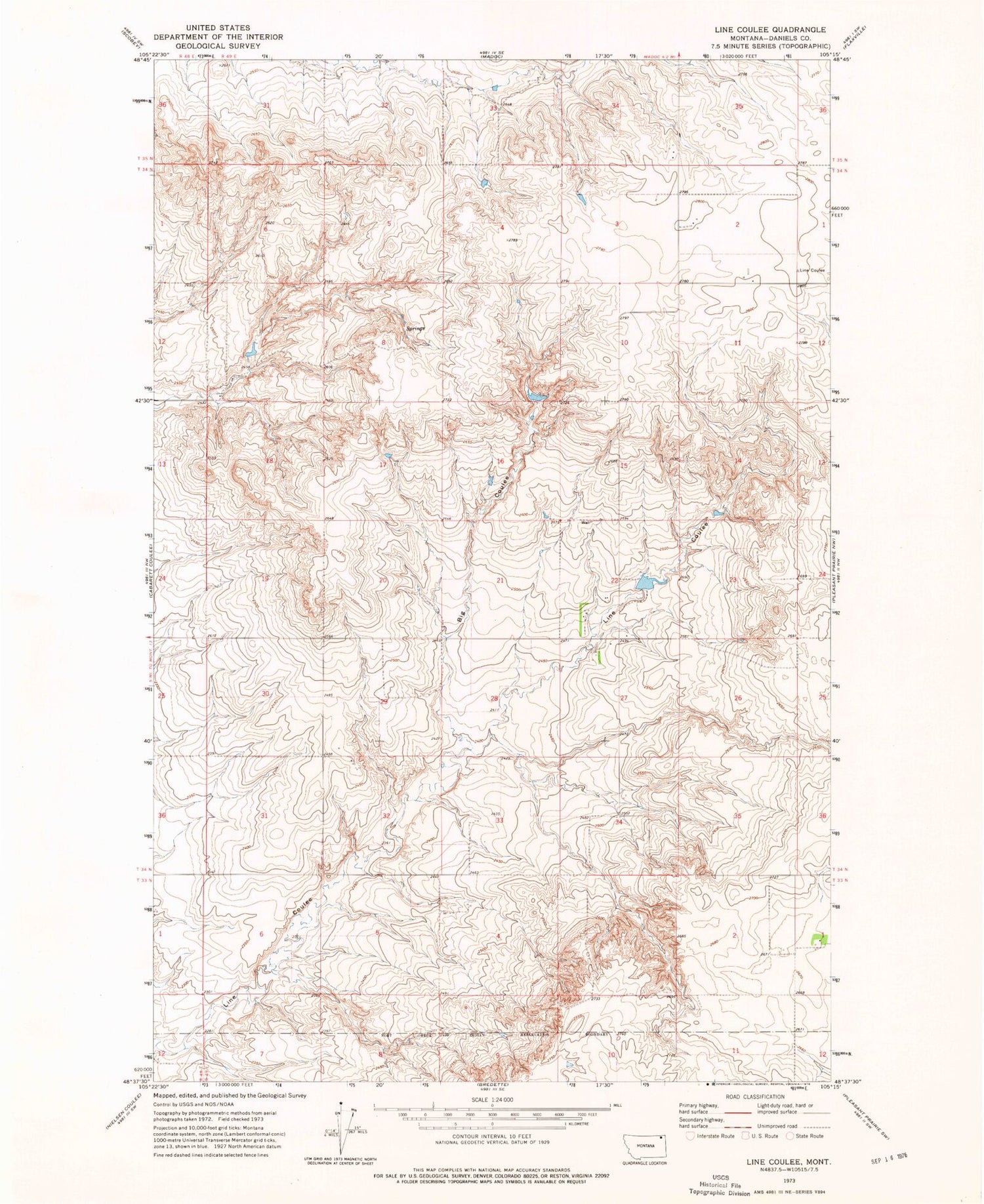 Classic USGS Line Coulee Montana 7.5'x7.5' Topo Map Image