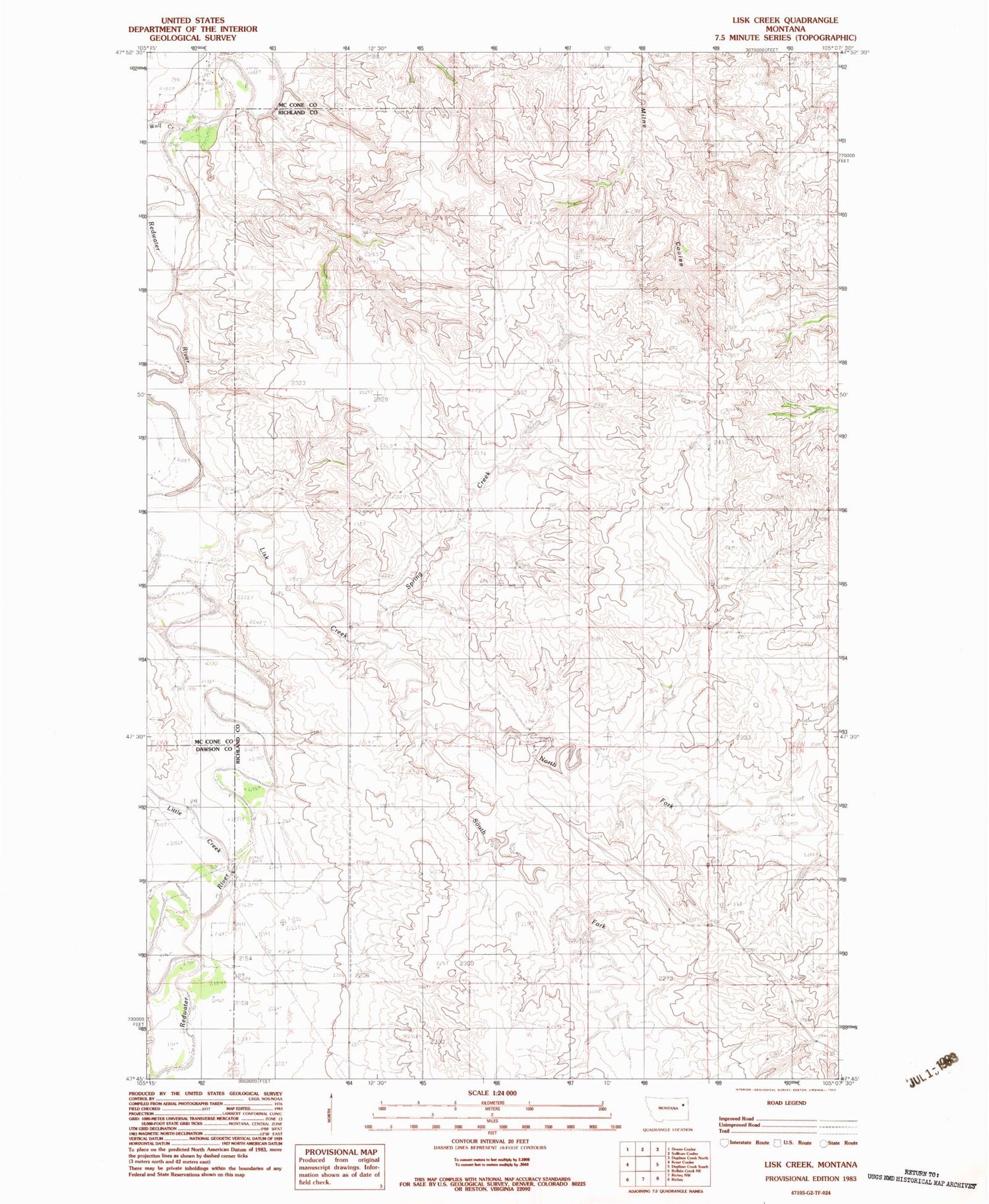 Classic USGS Lisk Creek Montana 7.5'x7.5' Topo Map Image