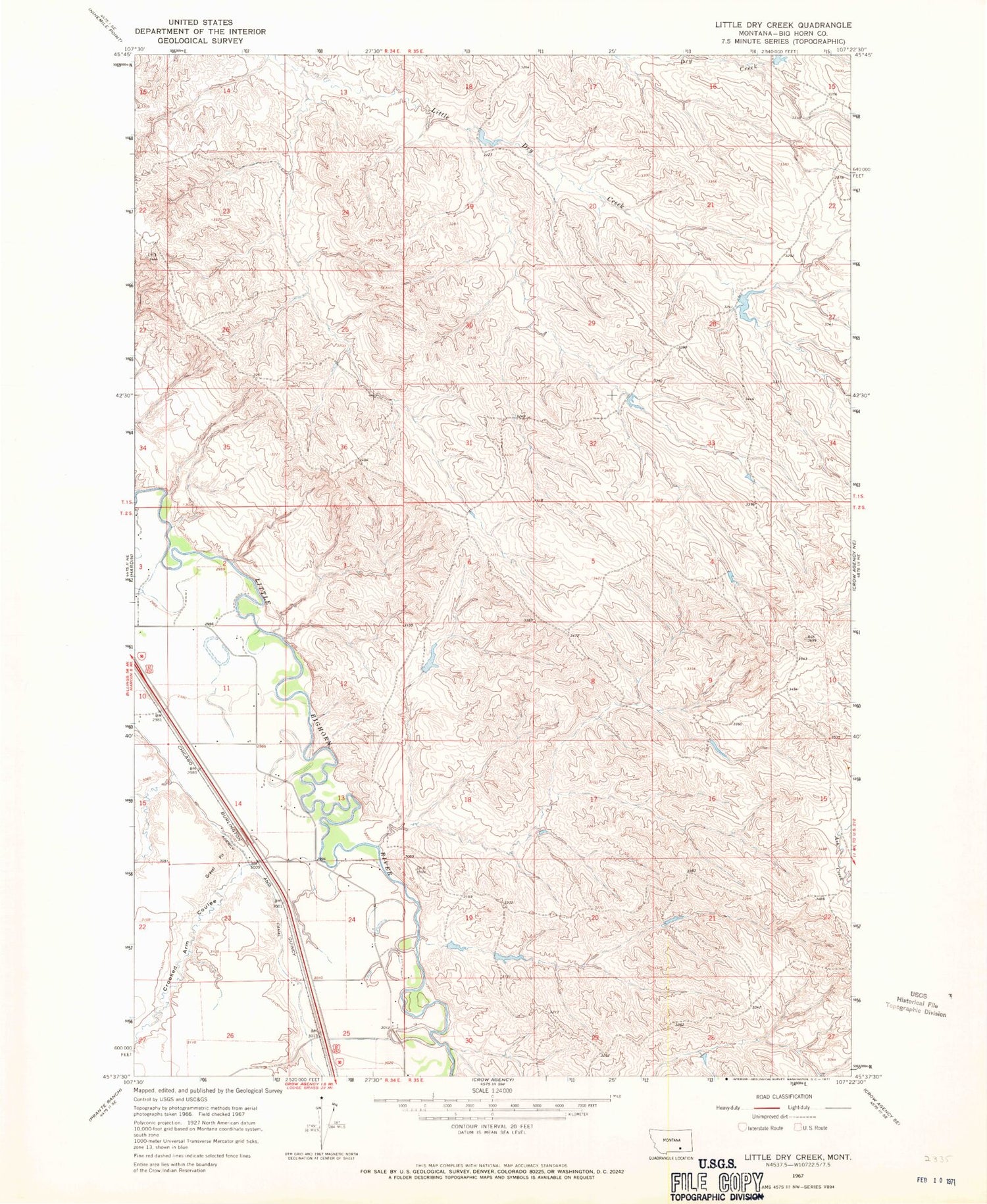 Classic USGS Little Dry Creek Montana 7.5'x7.5' Topo Map Image