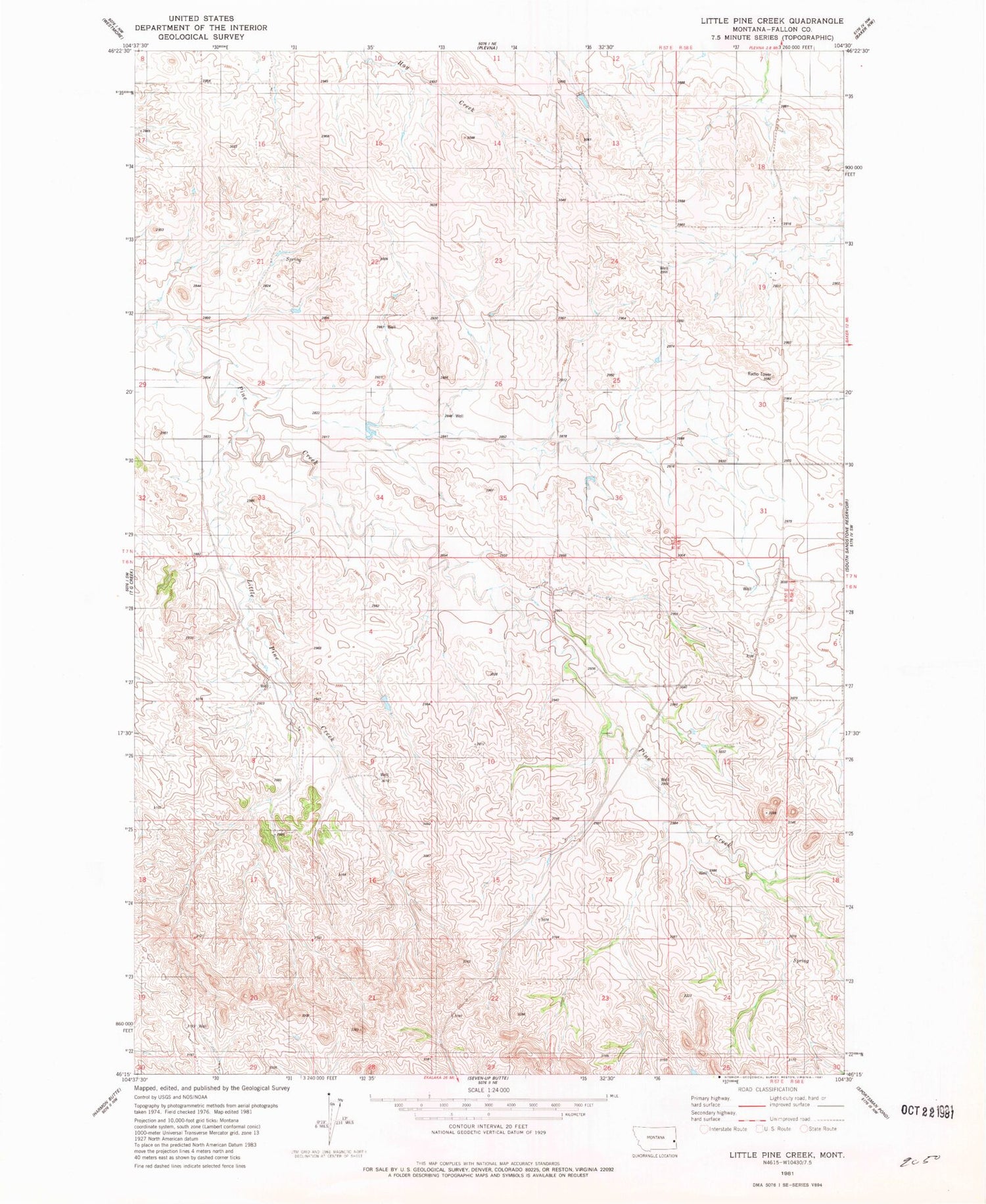 Classic USGS Little Pine Creek Montana 7.5'x7.5' Topo Map Image
