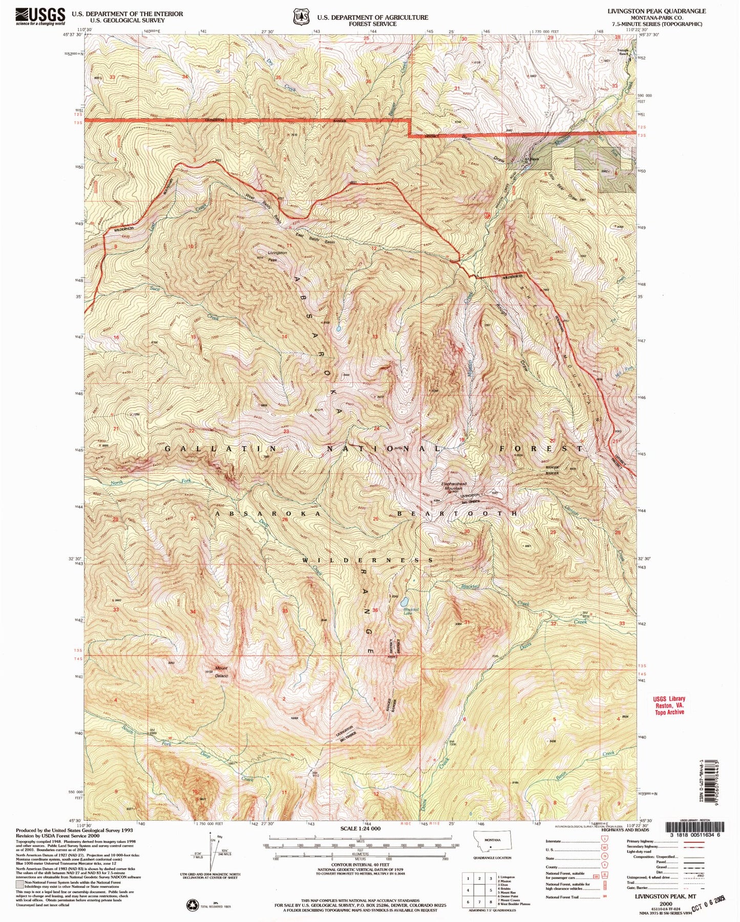 Classic USGS Livingston Peak Montana 7.5'x7.5' Topo Map Image