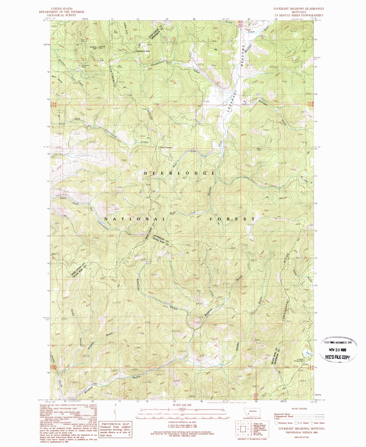 Classic USGS Lockhart Meadows Montana 7.5'x7.5' Topo Map Image