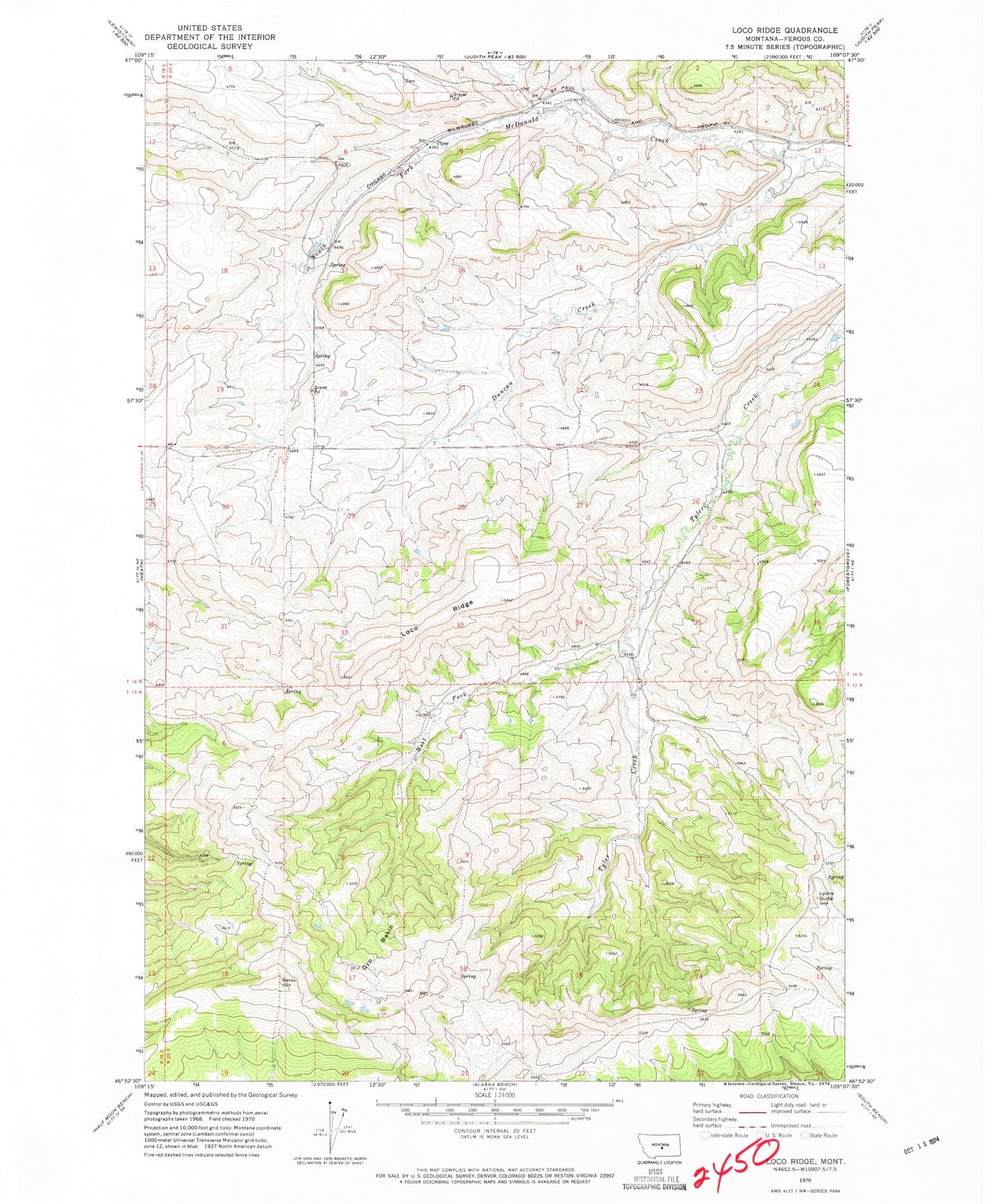 Classic USGS Loco Ridge Montana 7.5'x7.5' Topo Map Image