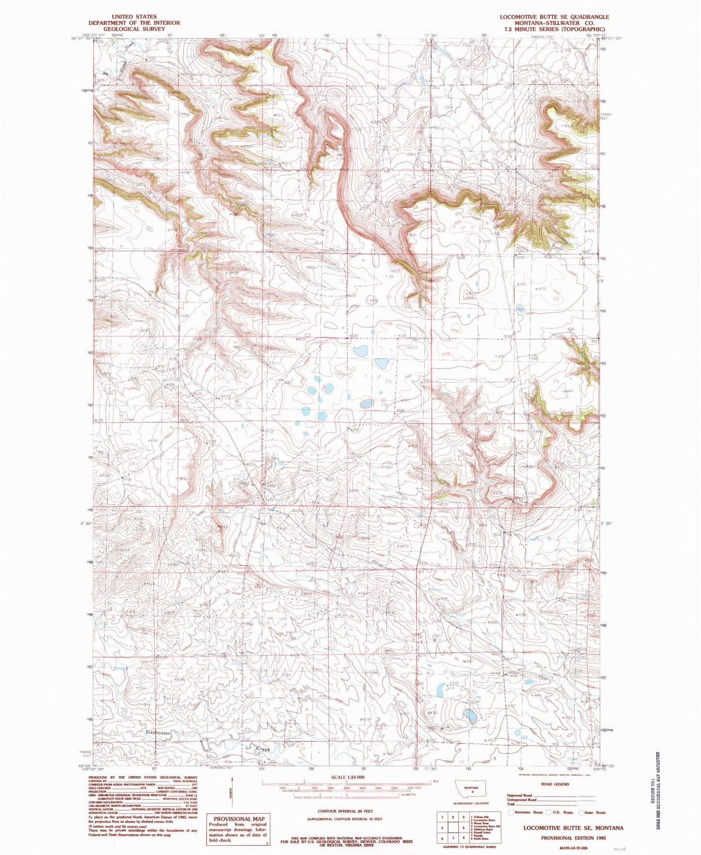 Classic USGS Locomotive Butte SE Montana 7.5'x7.5' Topo Map Image