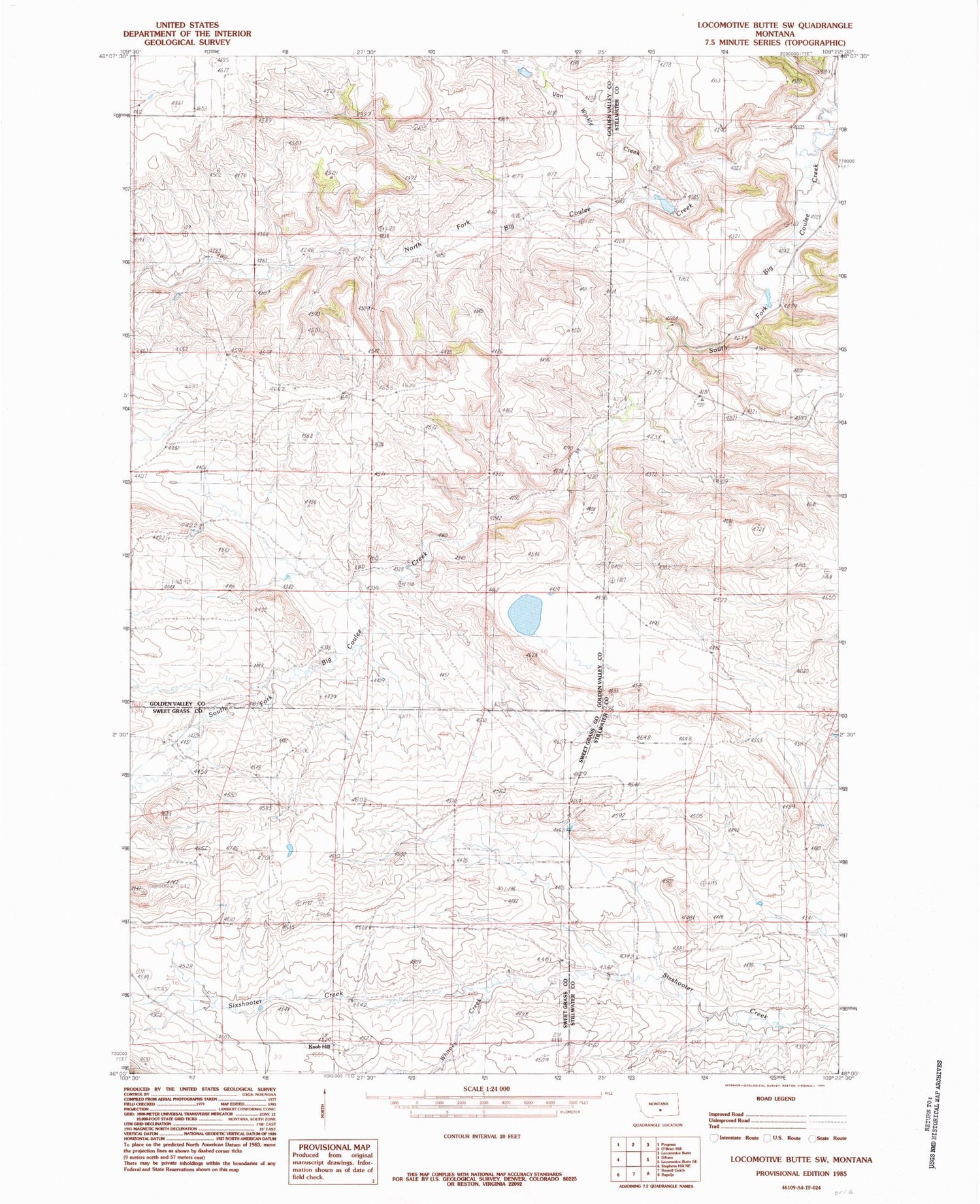 Classic USGS Locomotive Butte SW Montana 7.5'x7.5' Topo Map Image