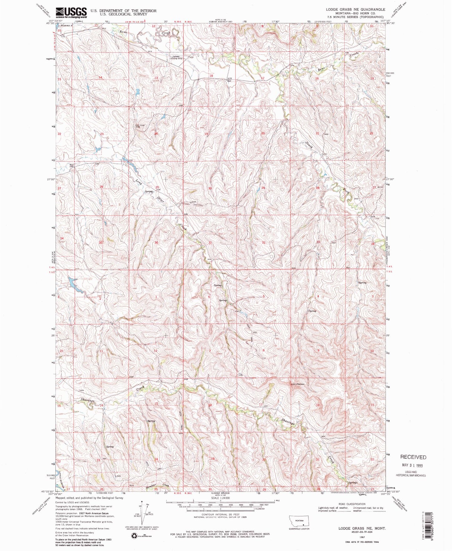 Classic USGS Lodge Grass NE Montana 7.5'x7.5' Topo Map Image
