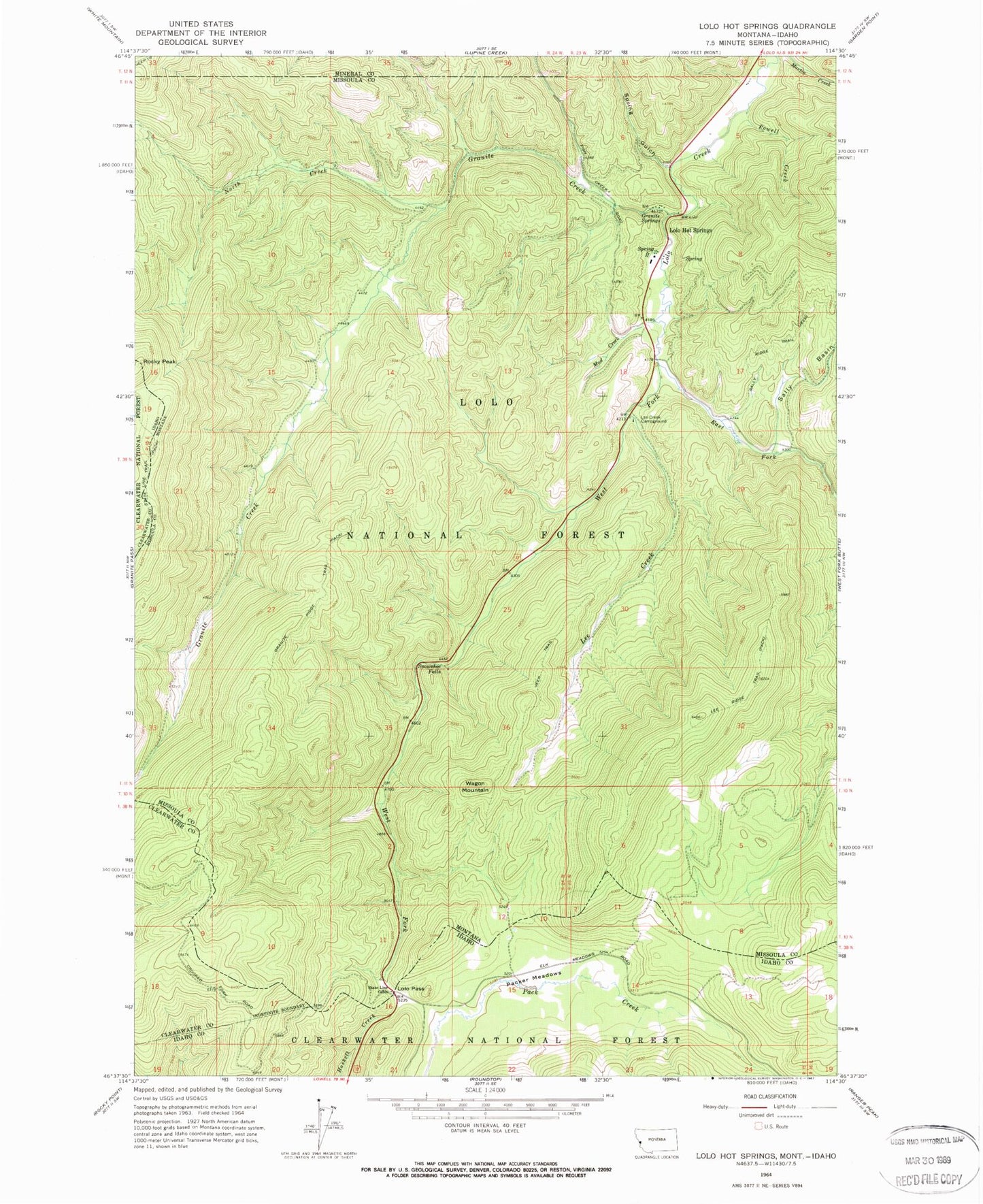 Classic USGS Lolo Hot Springs Montana 7.5'x7.5' Topo Map Image