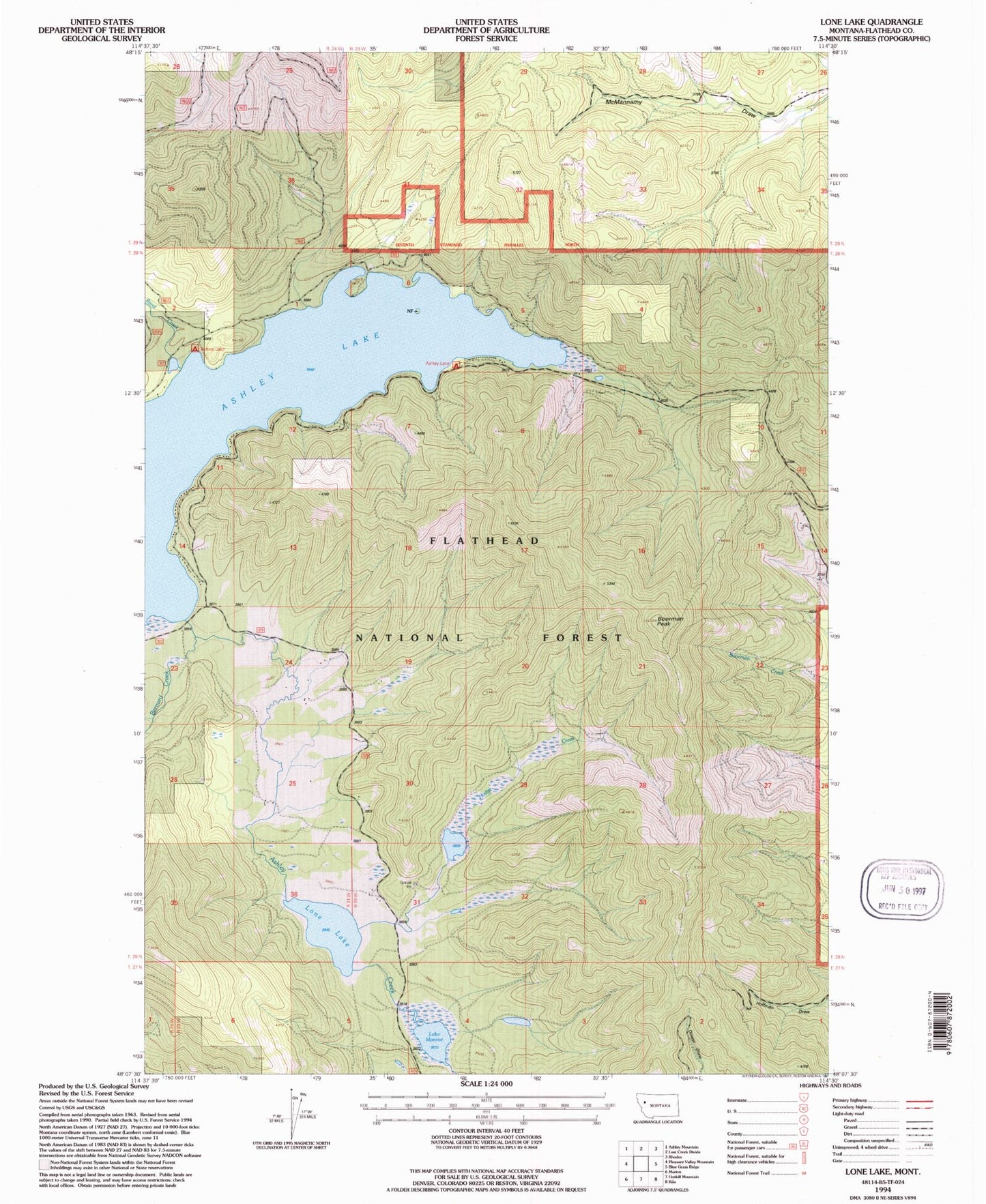 Classic USGS Lone Lake Montana 7.5'x7.5' Topo Map Image