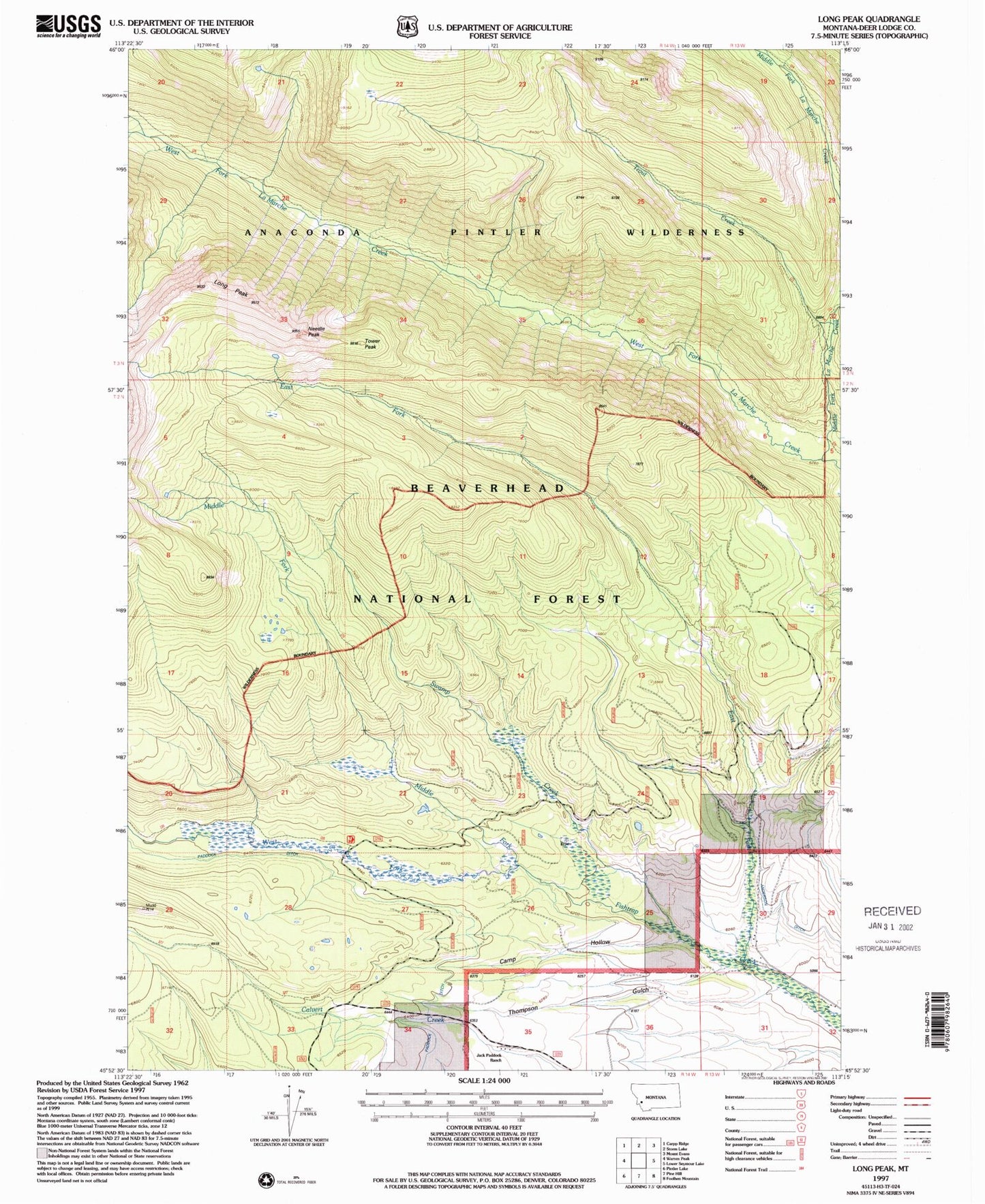 Classic USGS Long Peak Montana 7.5'x7.5' Topo Map Image