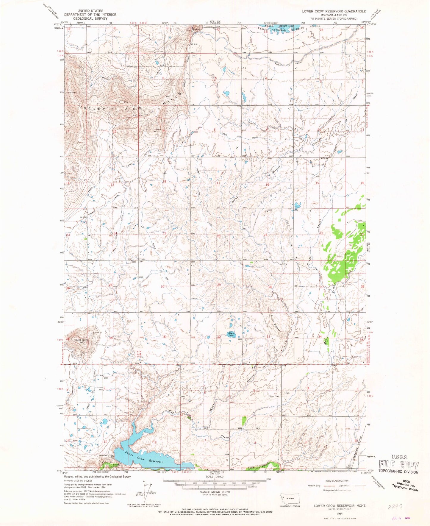 Classic USGS Lower Crow Reservoir Montana 7.5'x7.5' Topo Map Image