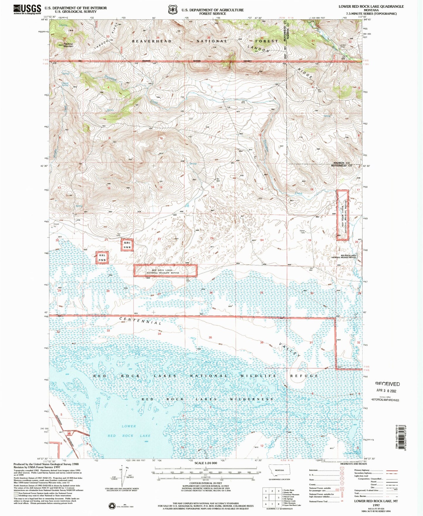 Classic USGS Lower Red Rock Lake Montana 7.5'x7.5' Topo Map Image