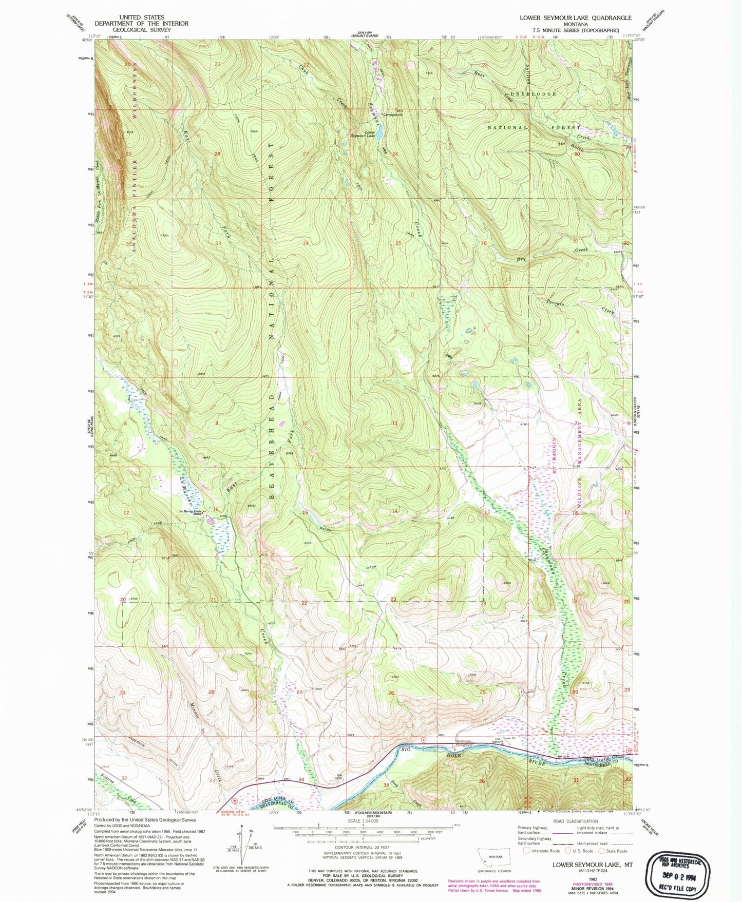 Classic USGS Lower Seymour Lake Montana 7.5'x7.5' Topo Map Image