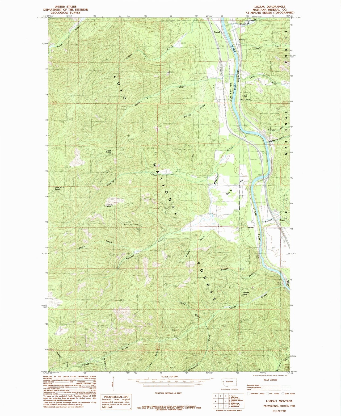 Classic USGS Lozeau Montana 7.5'x7.5' Topo Map Image