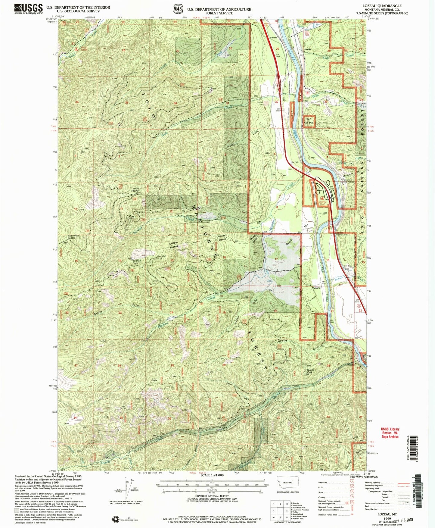 Classic USGS Lozeau Montana 7.5'x7.5' Topo Map Image