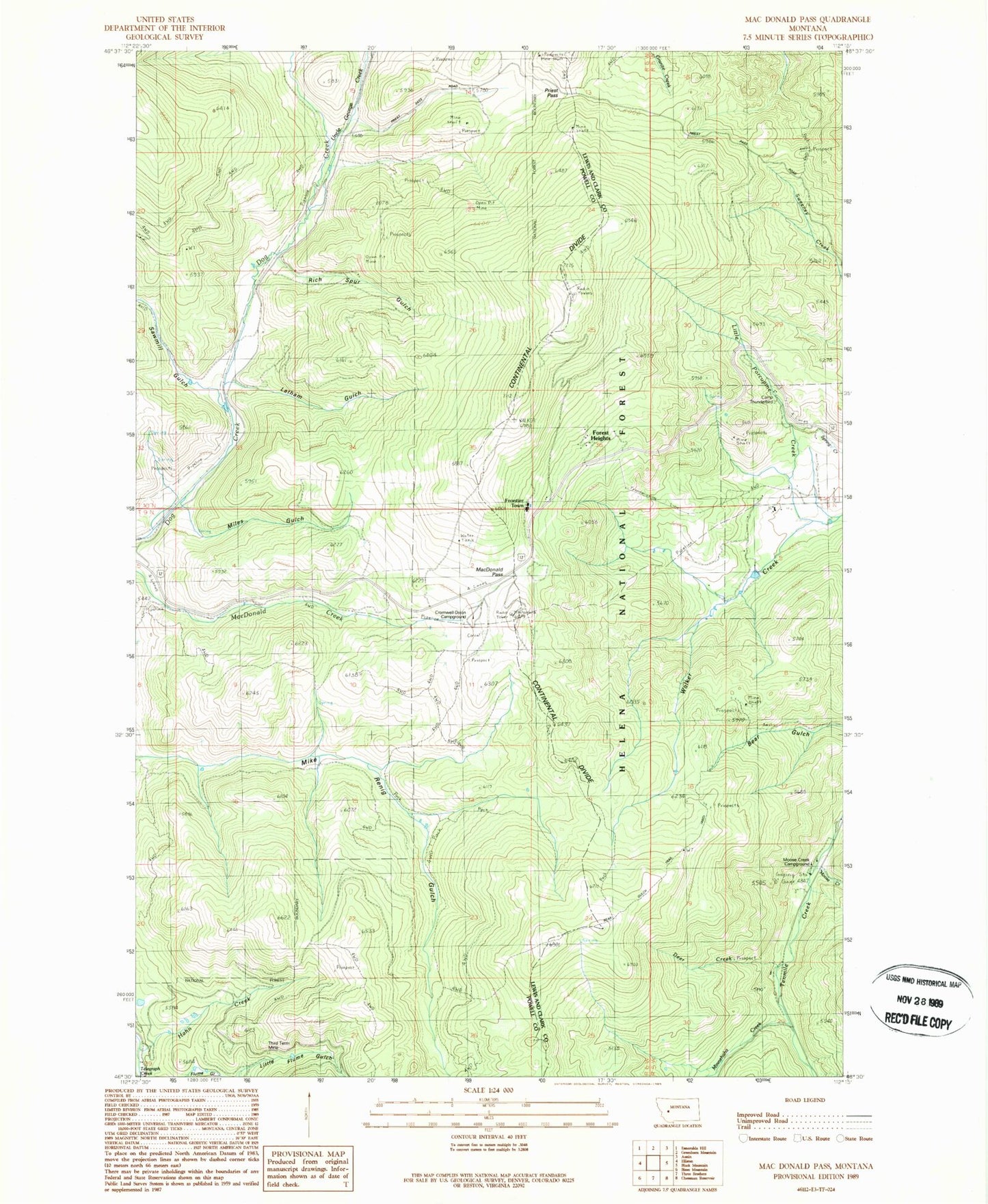 Classic USGS MacDonald Pass Montana 7.5'x7.5' Topo Map Image