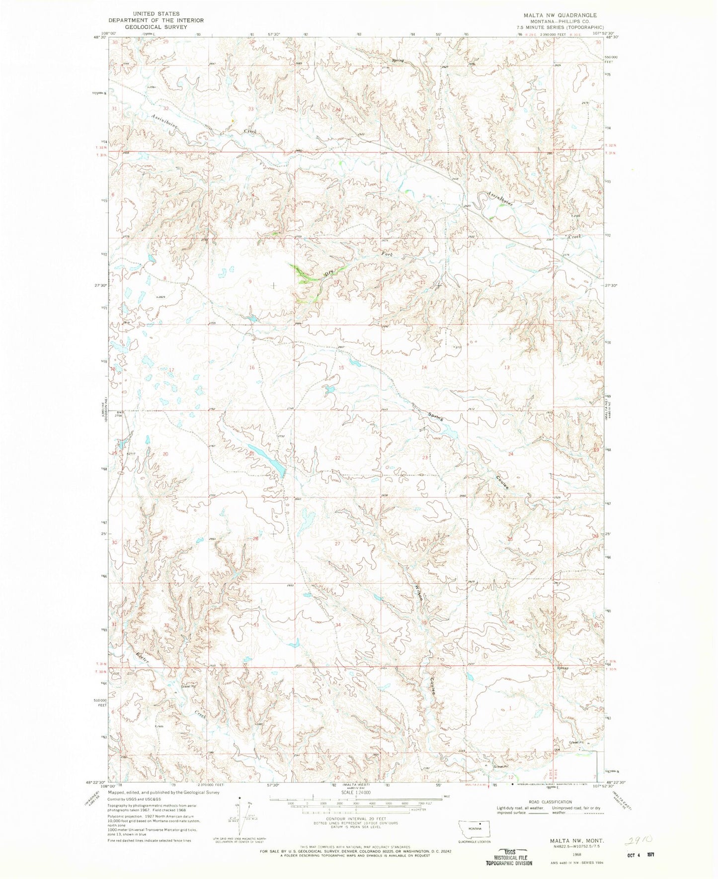 Classic USGS Malta NW Montana 7.5'x7.5' Topo Map Image