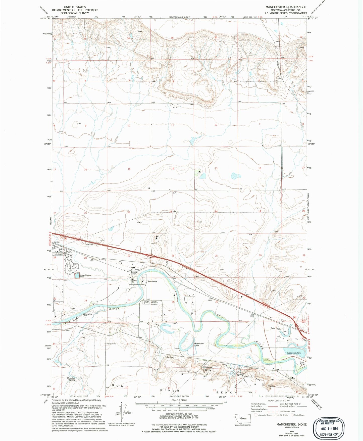 Classic USGS Manchester Montana 7.5'x7.5' Topo Map Image