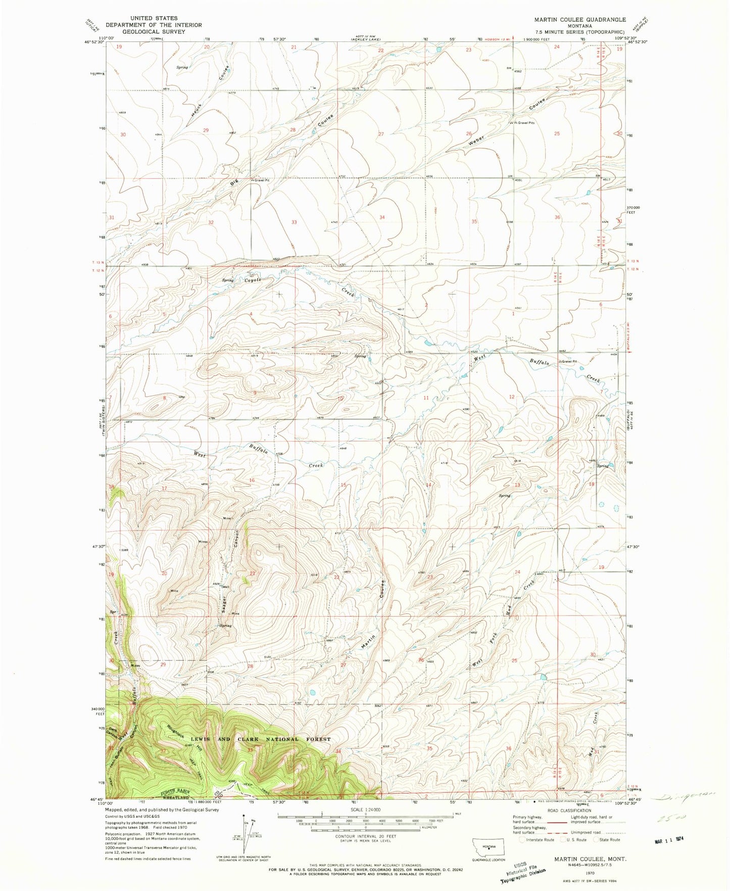 Classic USGS Martin Coulee Montana 7.5'x7.5' Topo Map Image