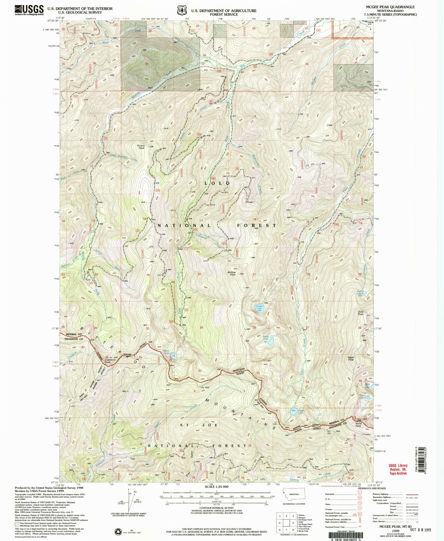 Classic USGS McGee Peak Montana 7.5'x7.5' Topo Map Image