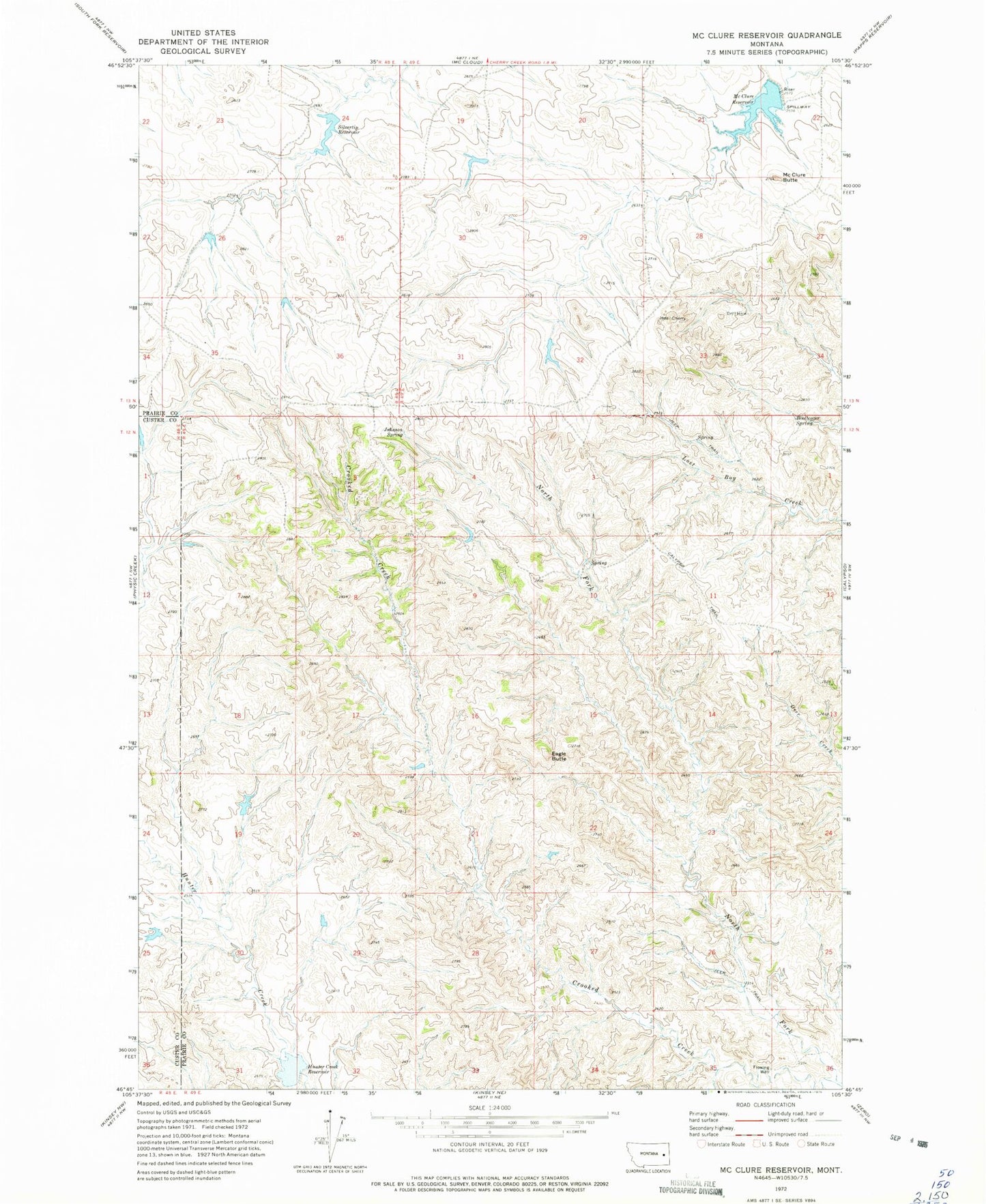 Classic USGS McClure Reservoir Montana 7.5'x7.5' Topo Map Image