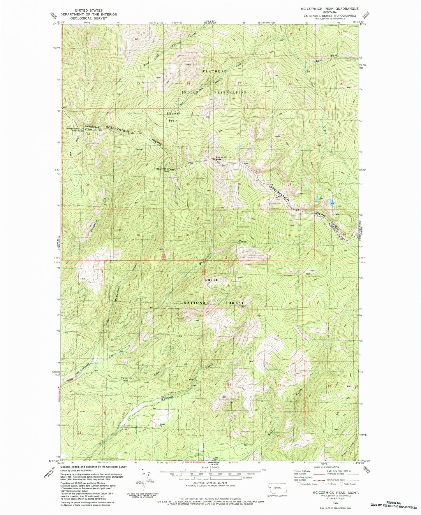 Classic USGS McCormick Peak Montana 7.5'x7.5' Topo Map Image