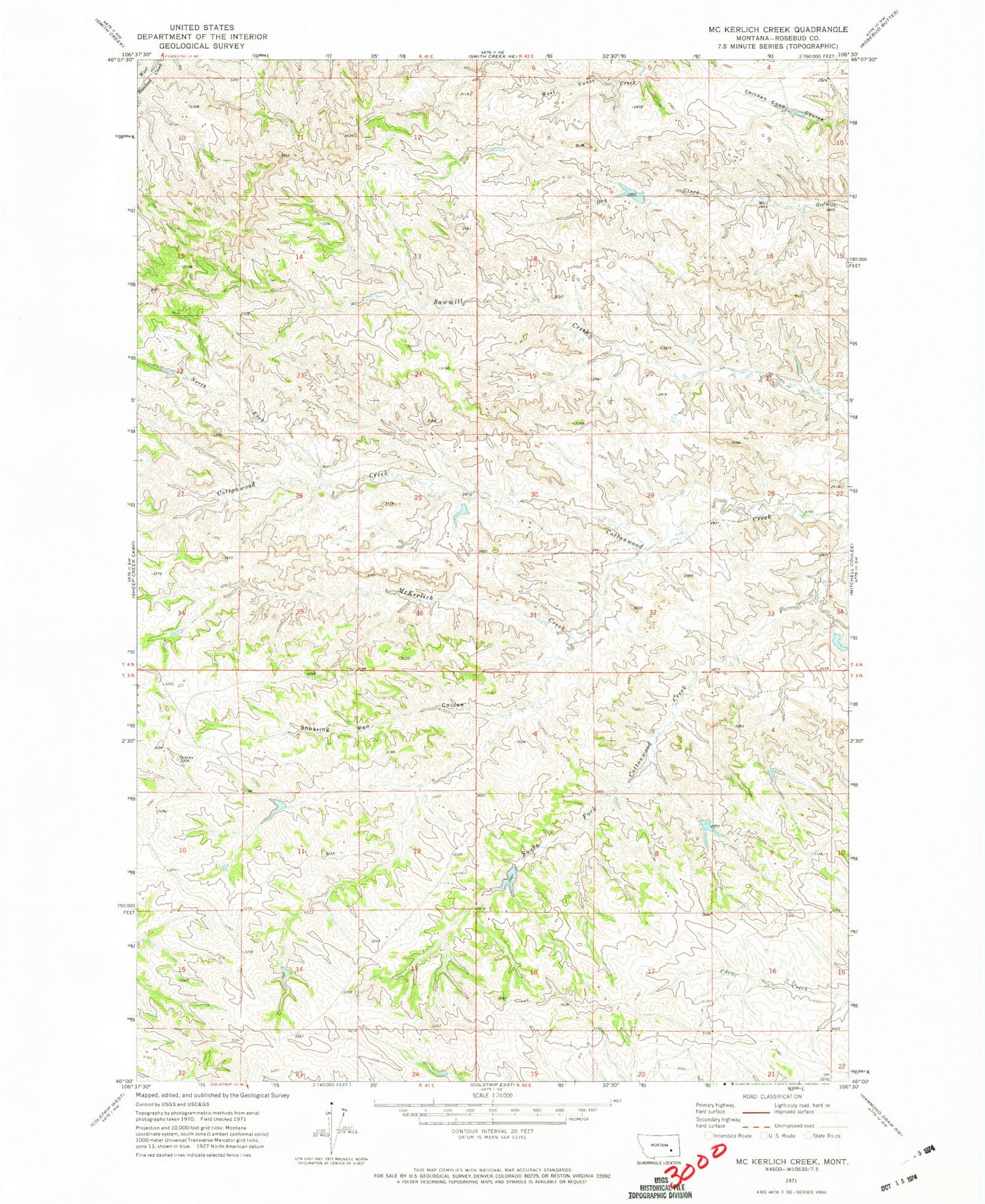 Classic USGS McKerlich Creek Montana 7.5'x7.5' Topo Map Image