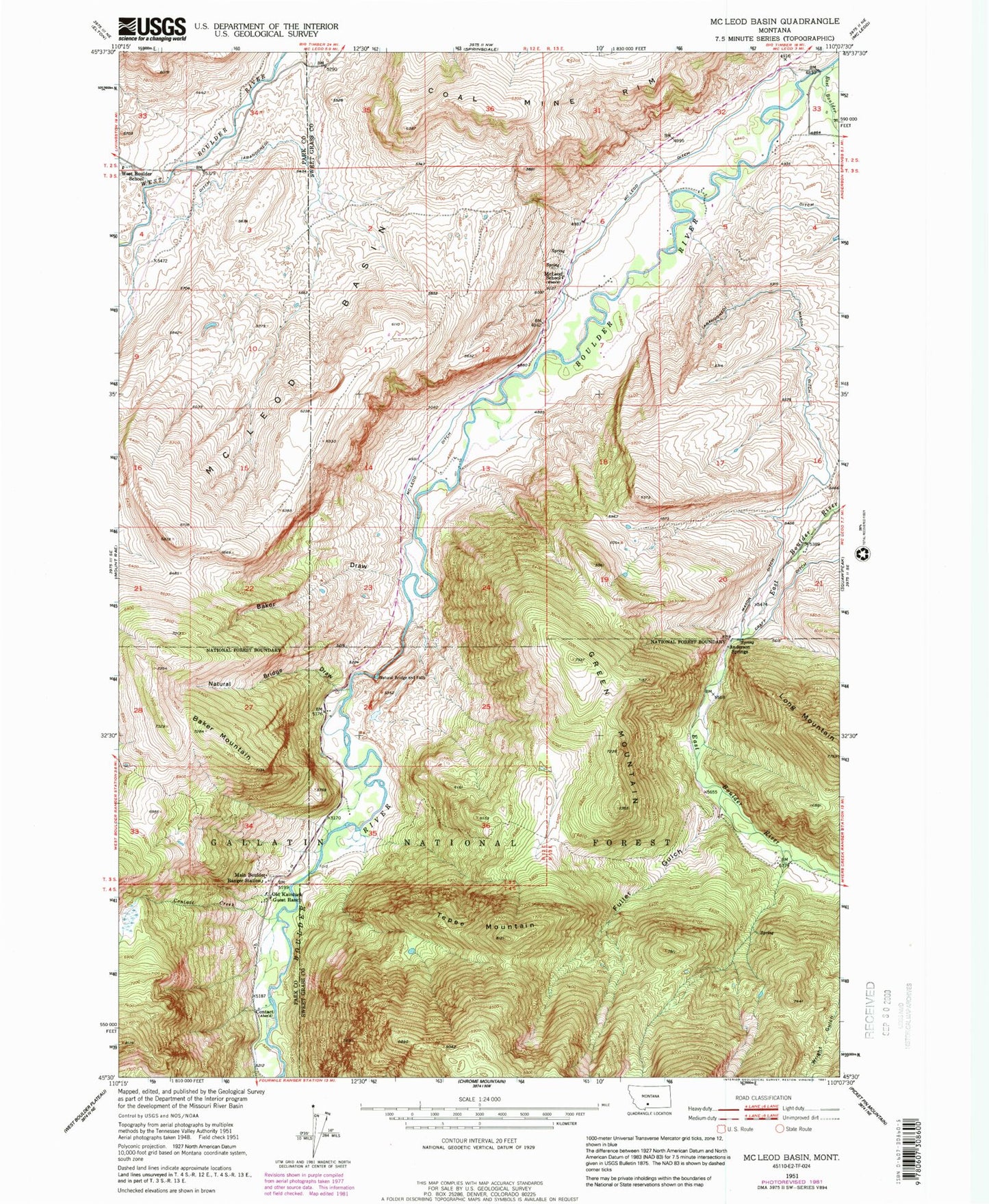 Classic USGS McLeod Basin Montana 7.5'x7.5' Topo Map Image