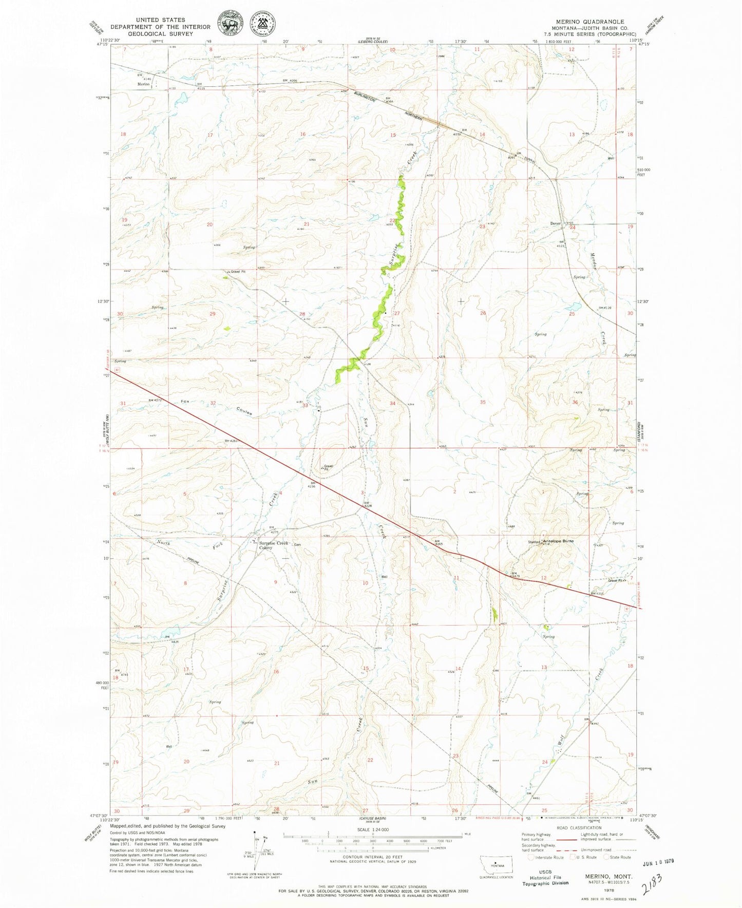 Classic USGS Merino Montana 7.5'x7.5' Topo Map Image