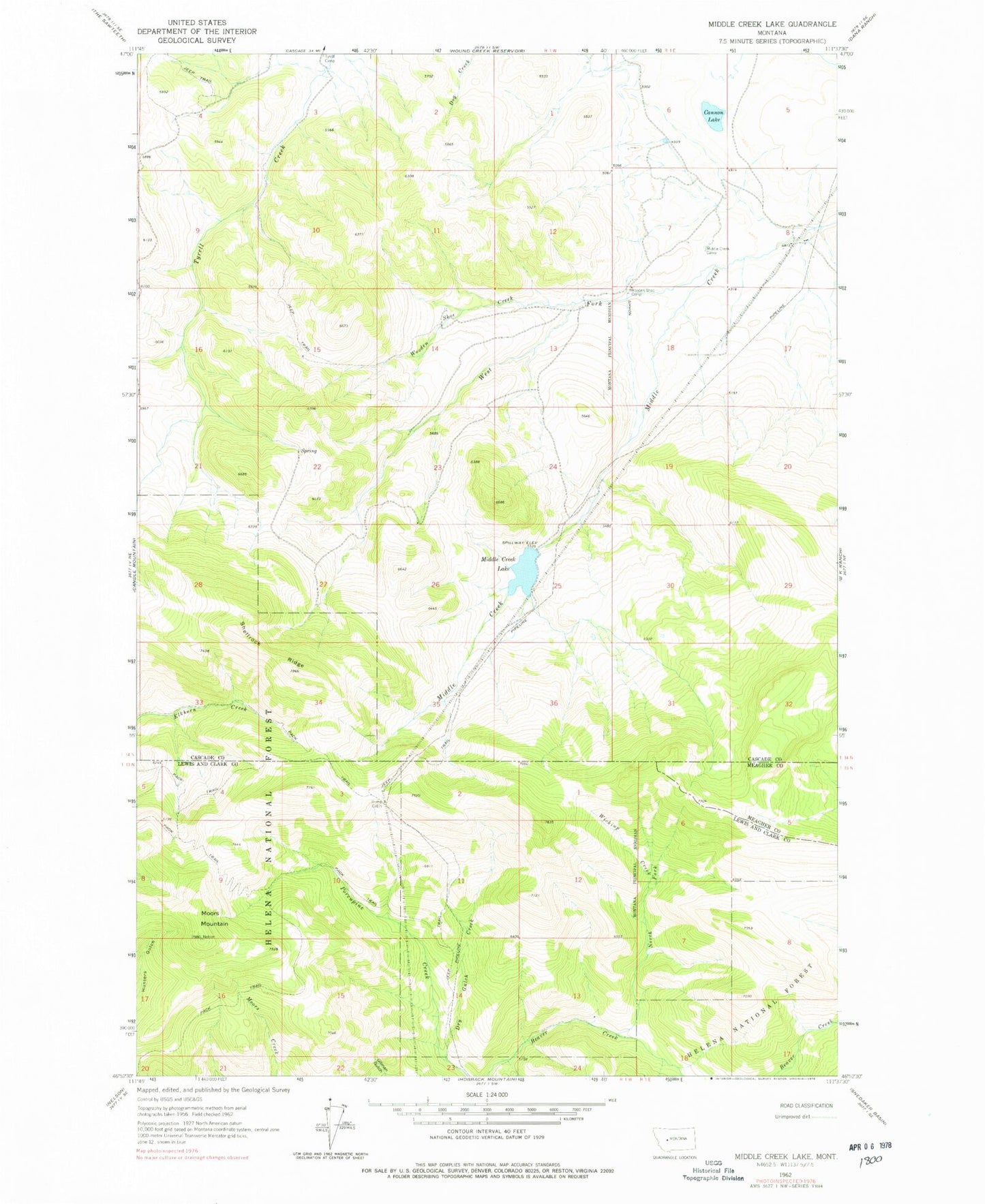 Classic USGS Middle Creek Lake Montana 7.5'x7.5' Topo Map Image
