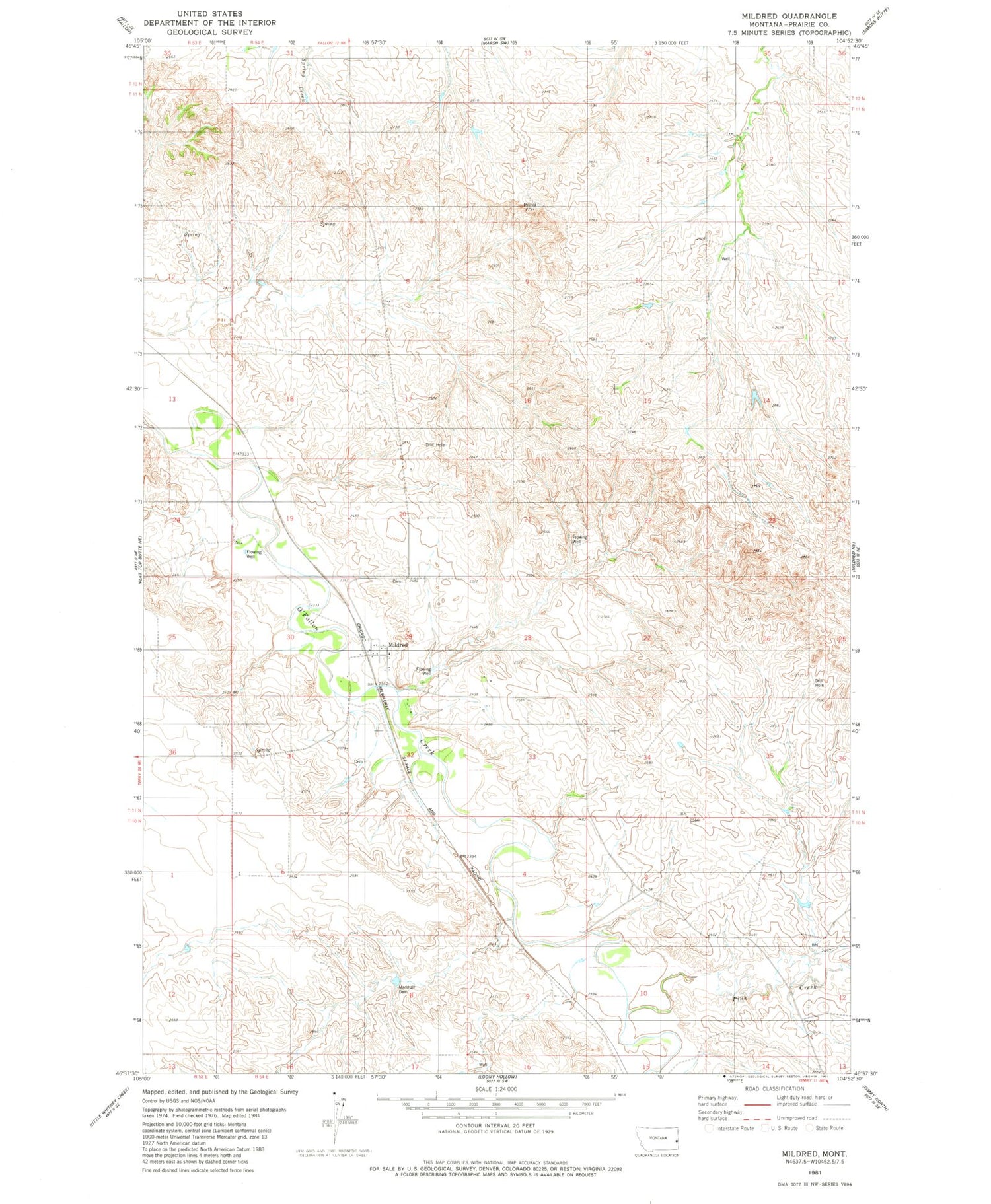 Classic USGS Mildred Montana 7.5'x7.5' Topo Map Image