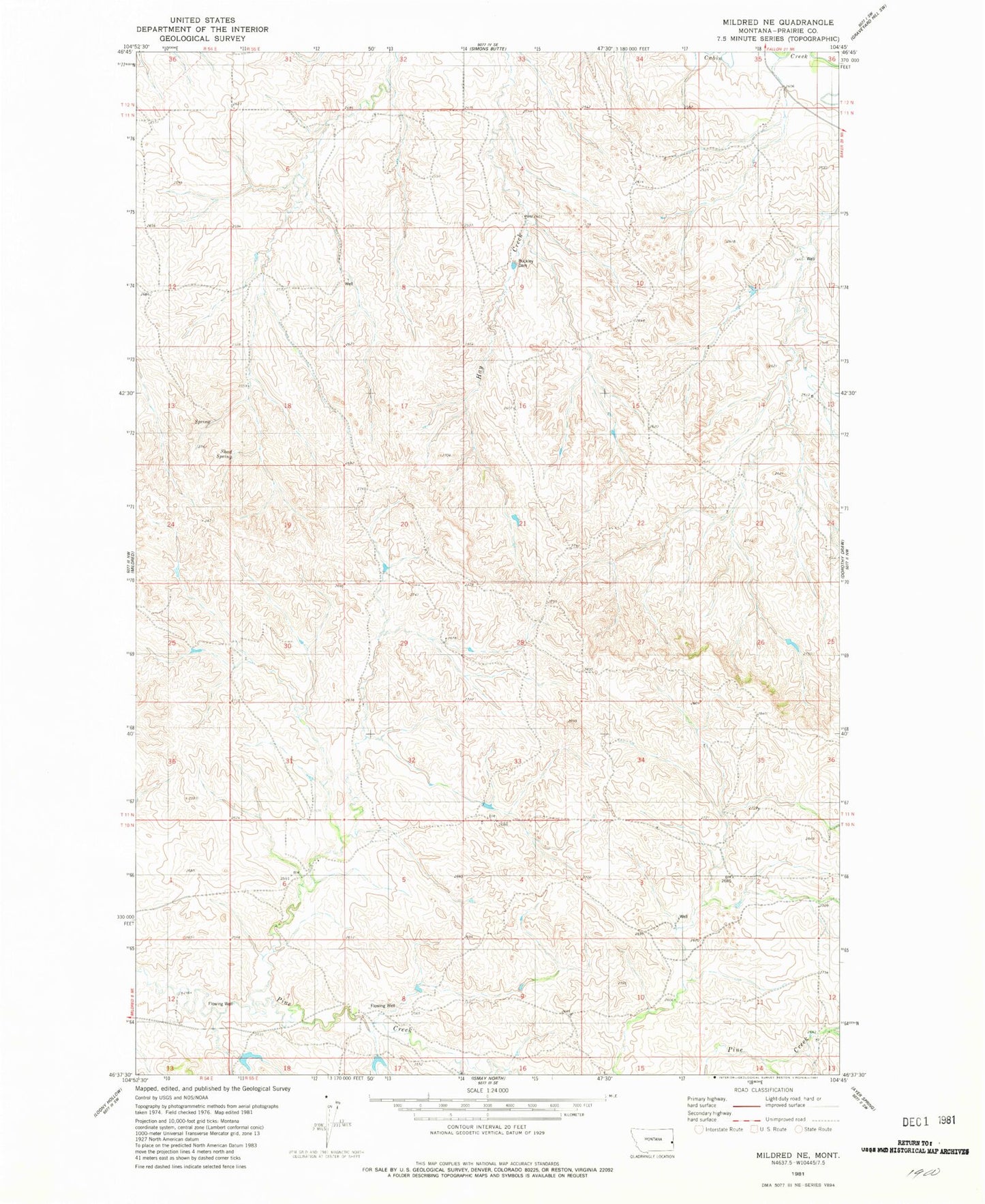Classic USGS Mildred NE Montana 7.5'x7.5' Topo Map Image
