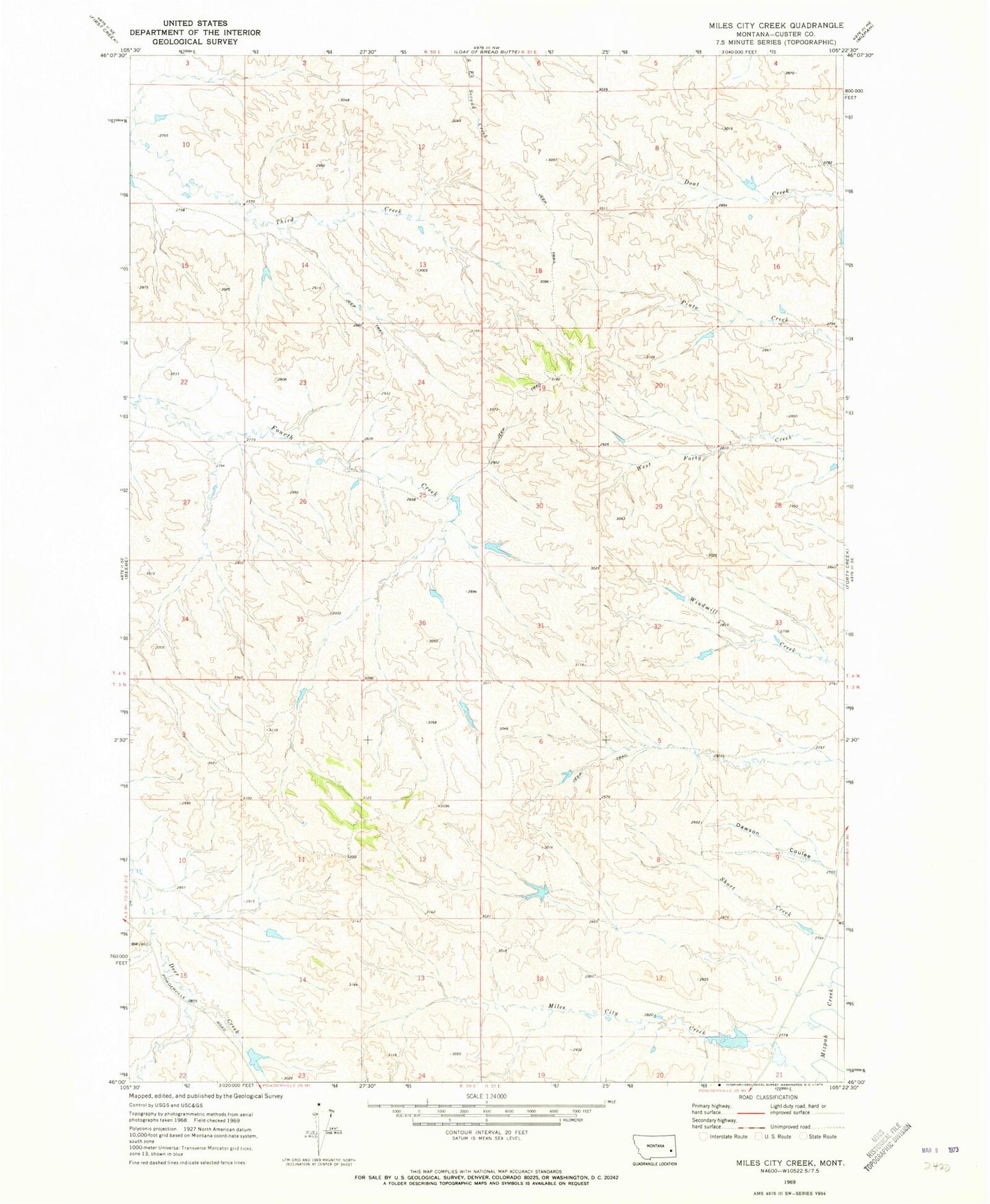 Classic USGS Miles City Creek Montana 7.5'x7.5' Topo Map Image