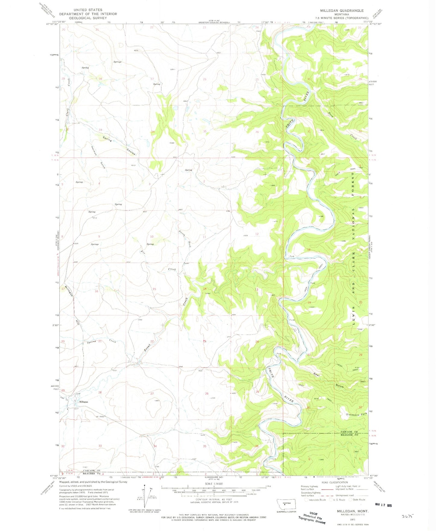 Classic USGS Millegan Montana 7.5'x7.5' Topo Map Image