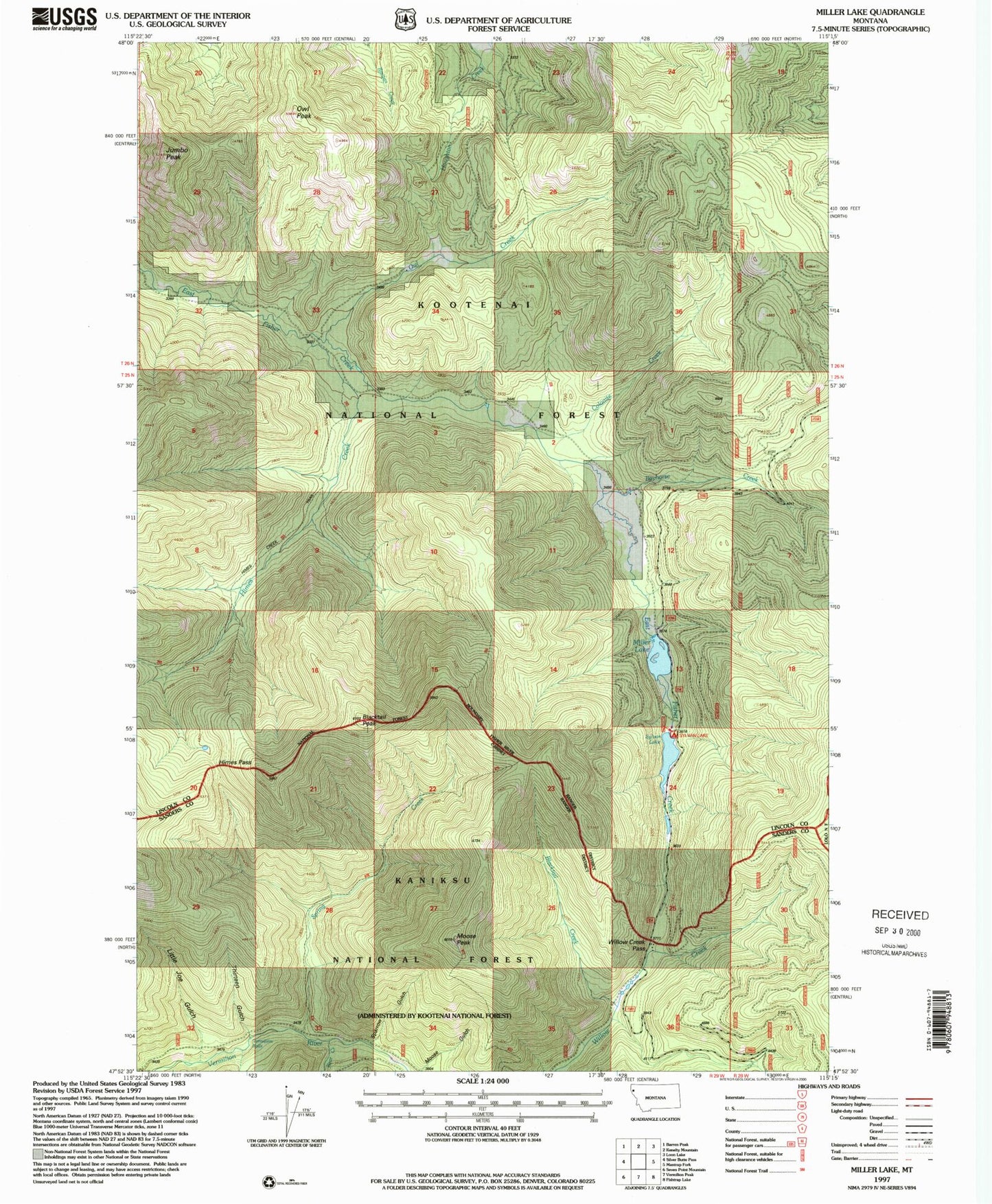 Classic USGS Miller Lake Montana 7.5'x7.5' Topo Map Image
