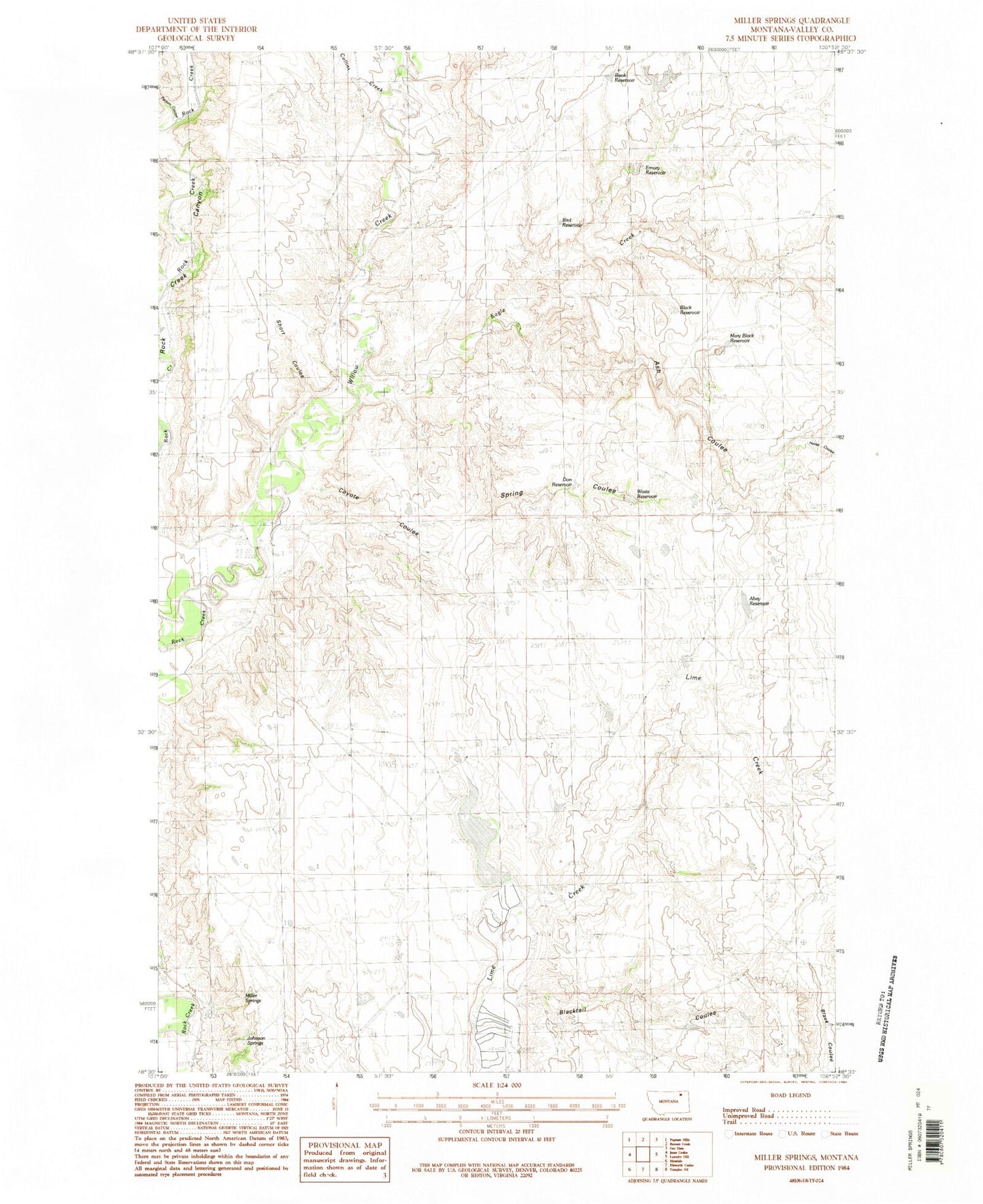 Classic USGS Miller Springs Montana 7.5'x7.5' Topo Map Image