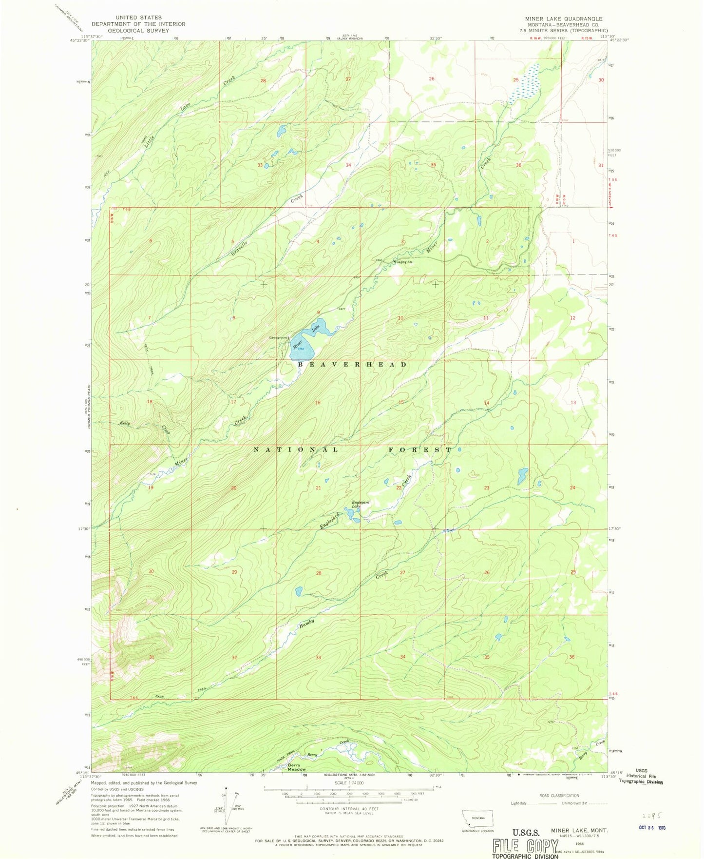 Classic USGS Lower Miner Lakes Montana 7.5'x7.5' Topo Map Image