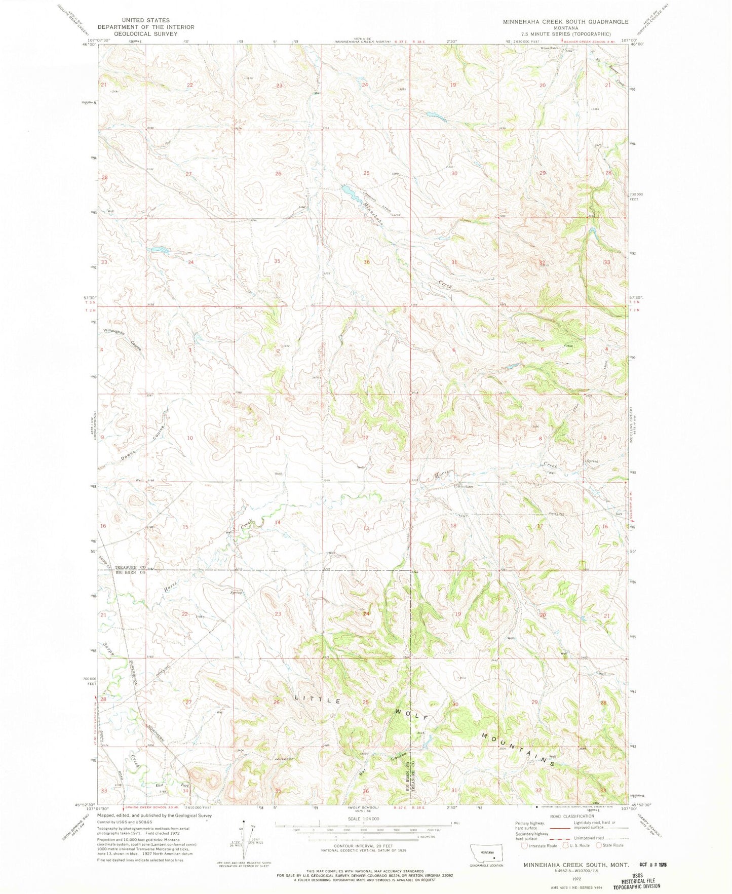 Classic USGS Minnehaha Creek South Montana 7.5'x7.5' Topo Map Image