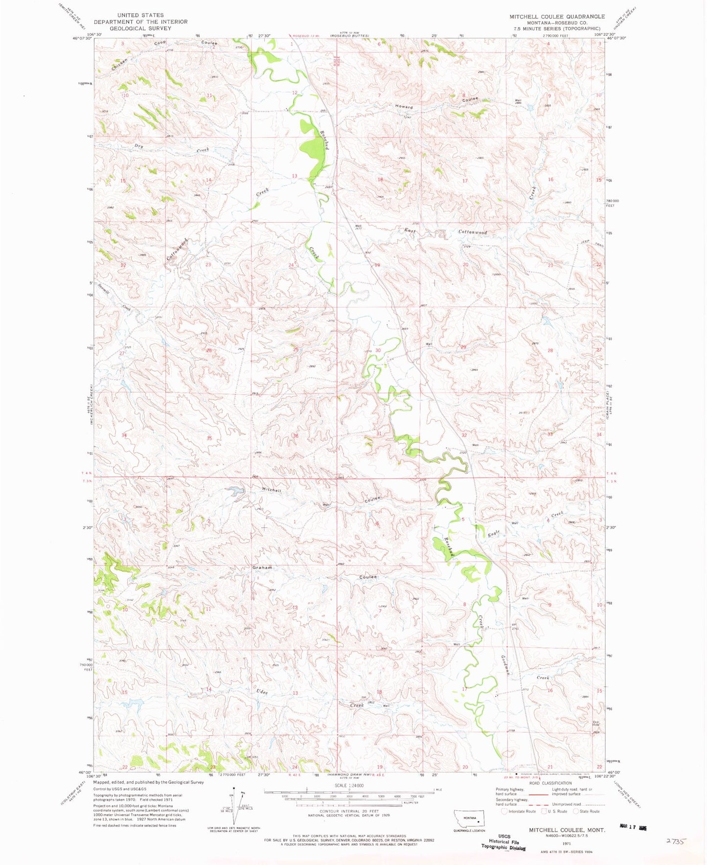 Classic USGS Mitchell Coulee Montana 7.5'x7.5' Topo Map Image
