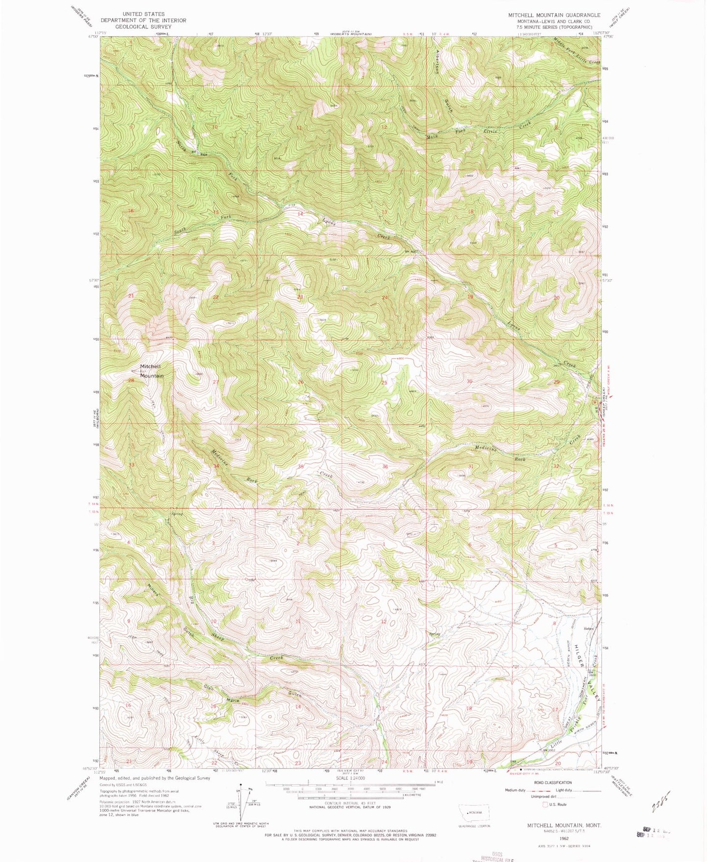 Classic USGS Mitchell Mountain Montana 7.5'x7.5' Topo Map Image